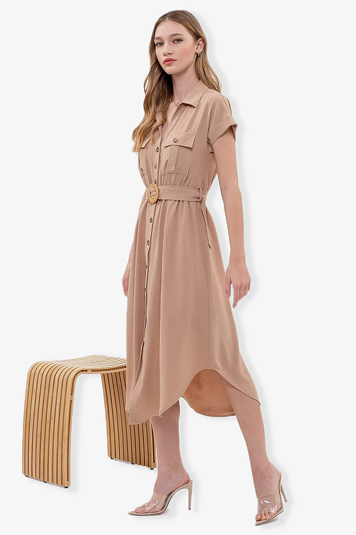 Whitney Short Sleeve Midi Shirt Dress with Belt EGG SHELL_3