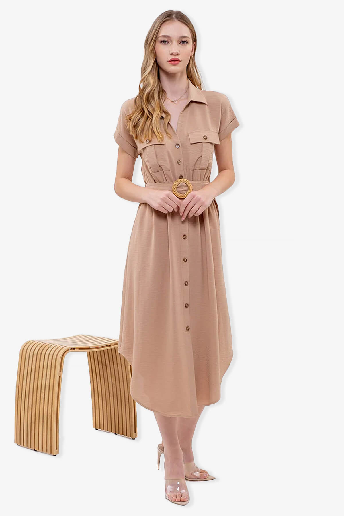 Whitney Short Sleeve Midi Shirt Dress with Belt EGG SHELL_4