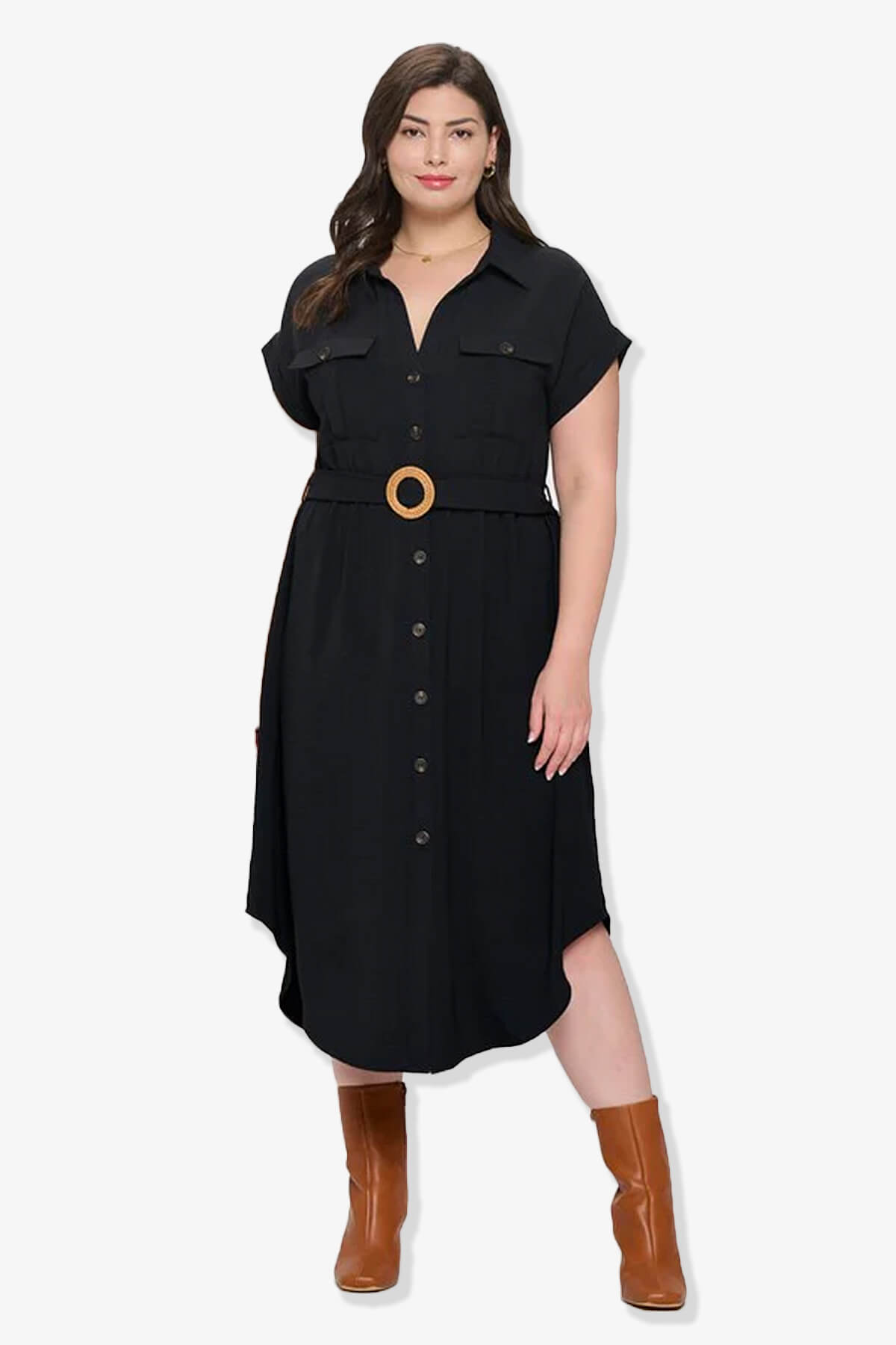 Whitney Short Sleeve Midi Shirt Dress with Belt EGG SHELL_6