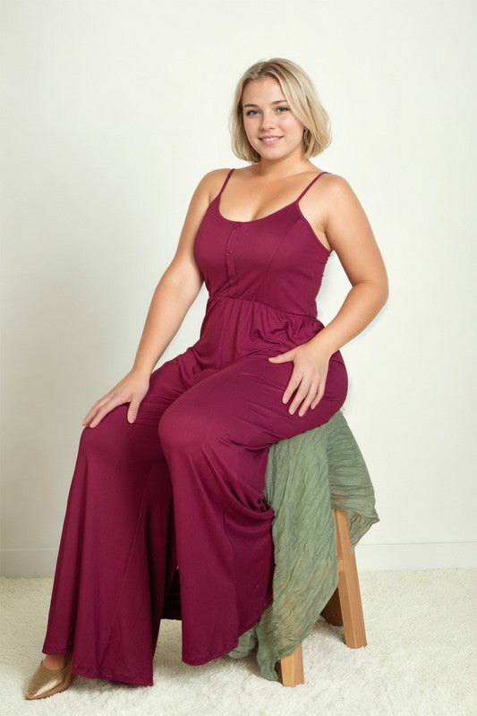 Capella Plus Size Button Front Wide Leg Jumpsuit
