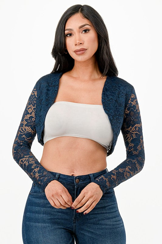 LA SCALA Delicate Lace Long Sleeve Crop Shrug Bolero