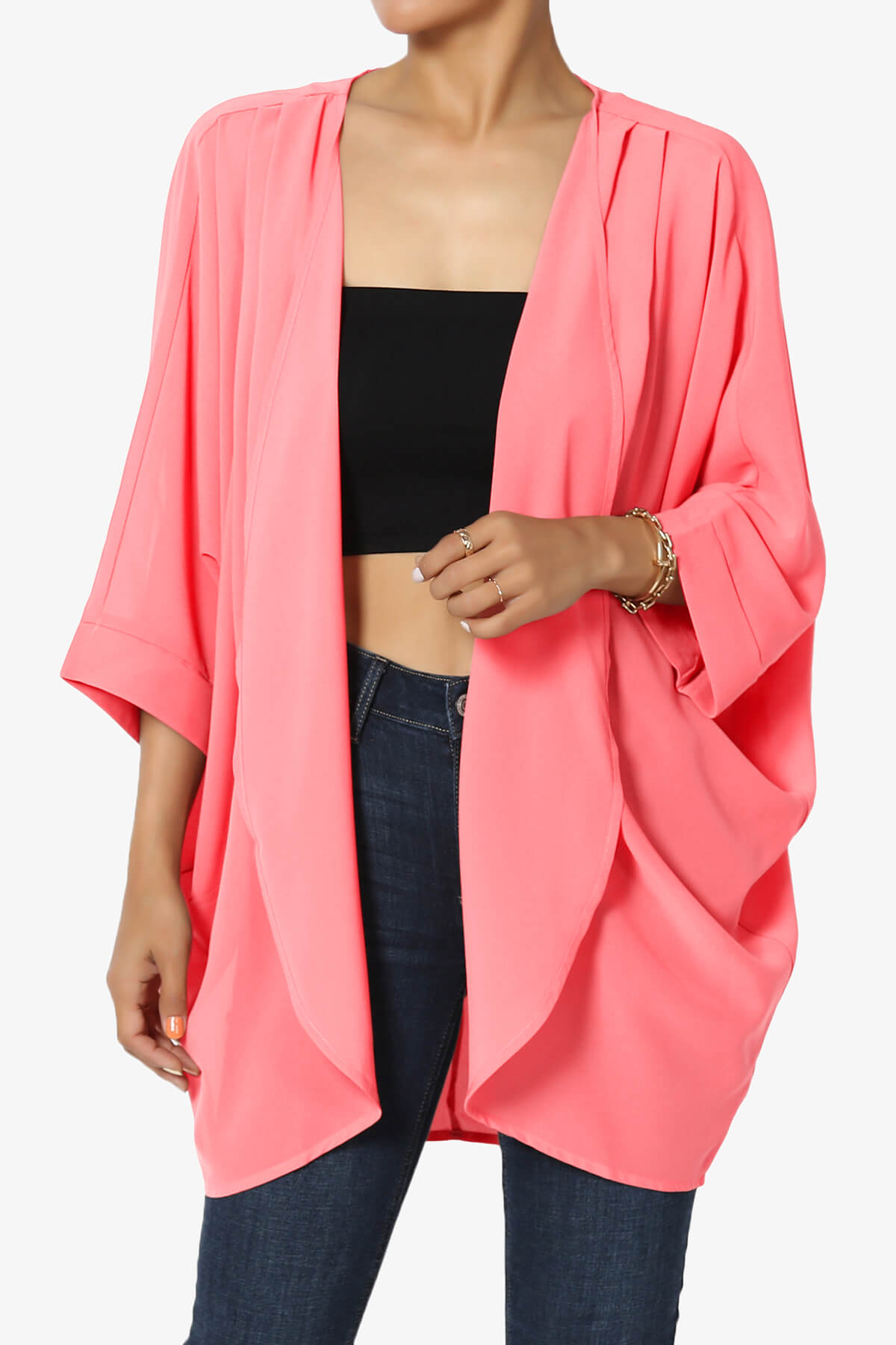 Blivia Pleated Kimono Chiffon Cardigan NEON CORAL PINK_1