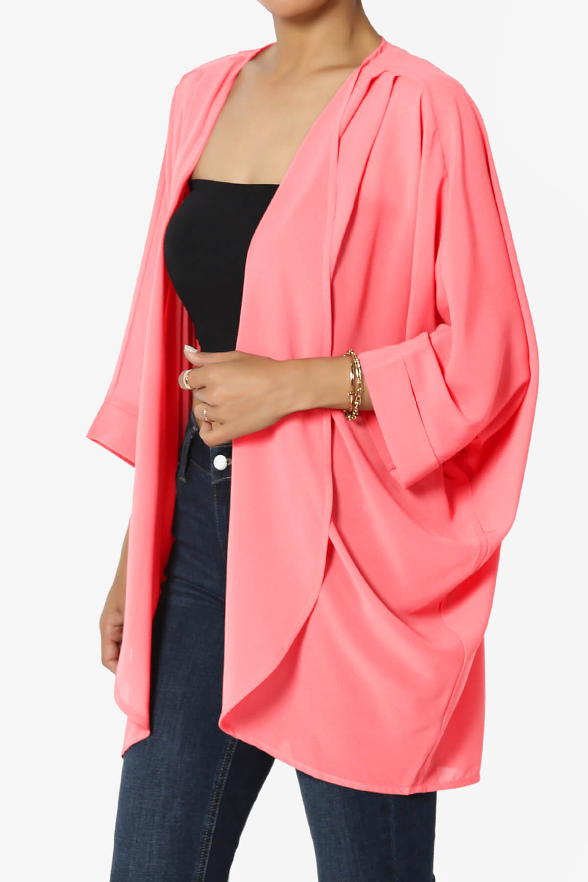 Blivia Pleated Kimono Chiffon Cardigan NEON CORAL PINK_3