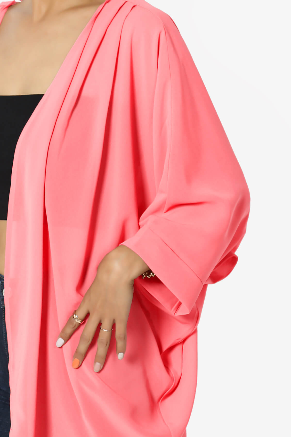 Blivia Pleated Kimono Chiffon Cardigan NEON CORAL PINK_5