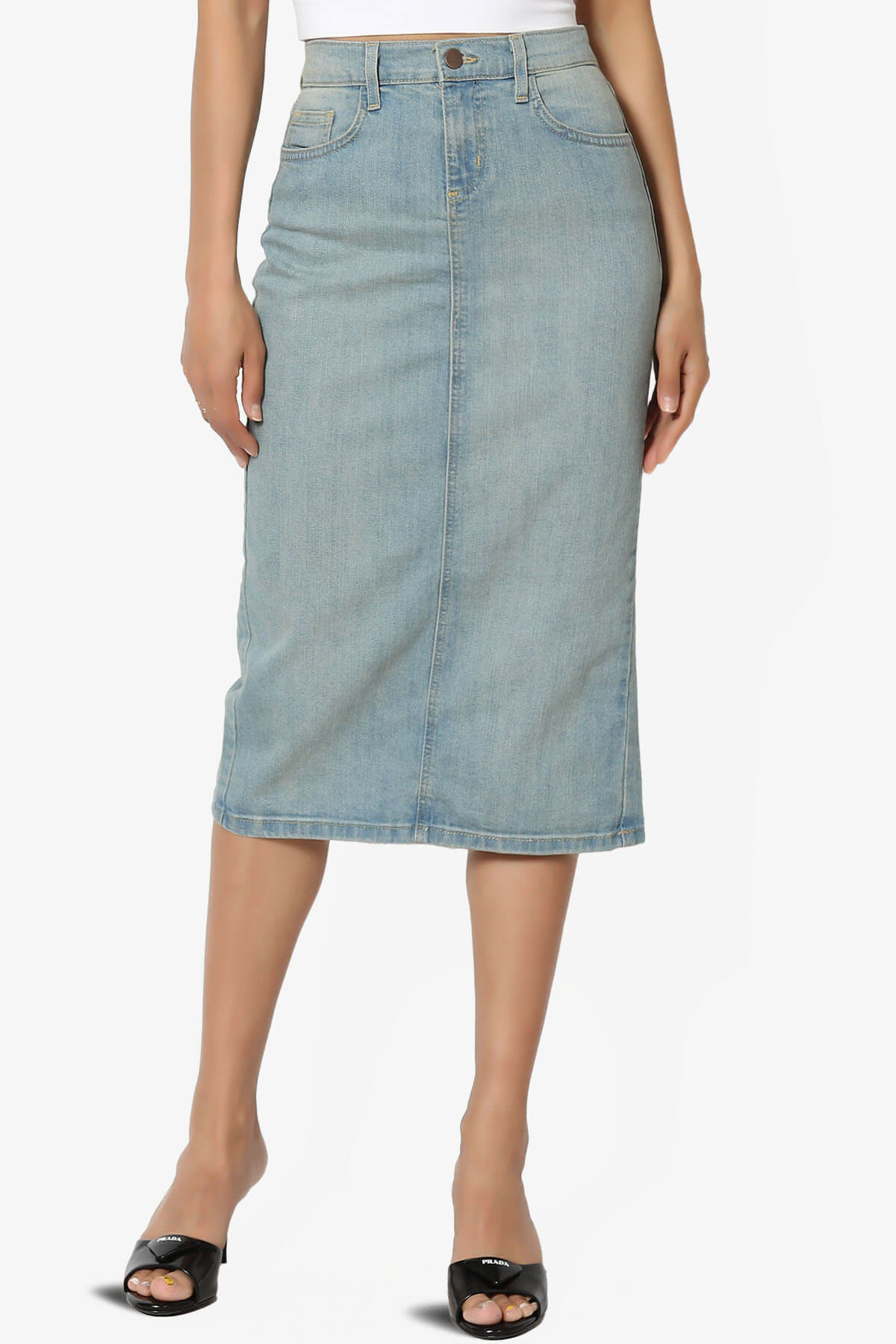 Celvin Washed Denim Pencil Midi Skirt LIGHT_1