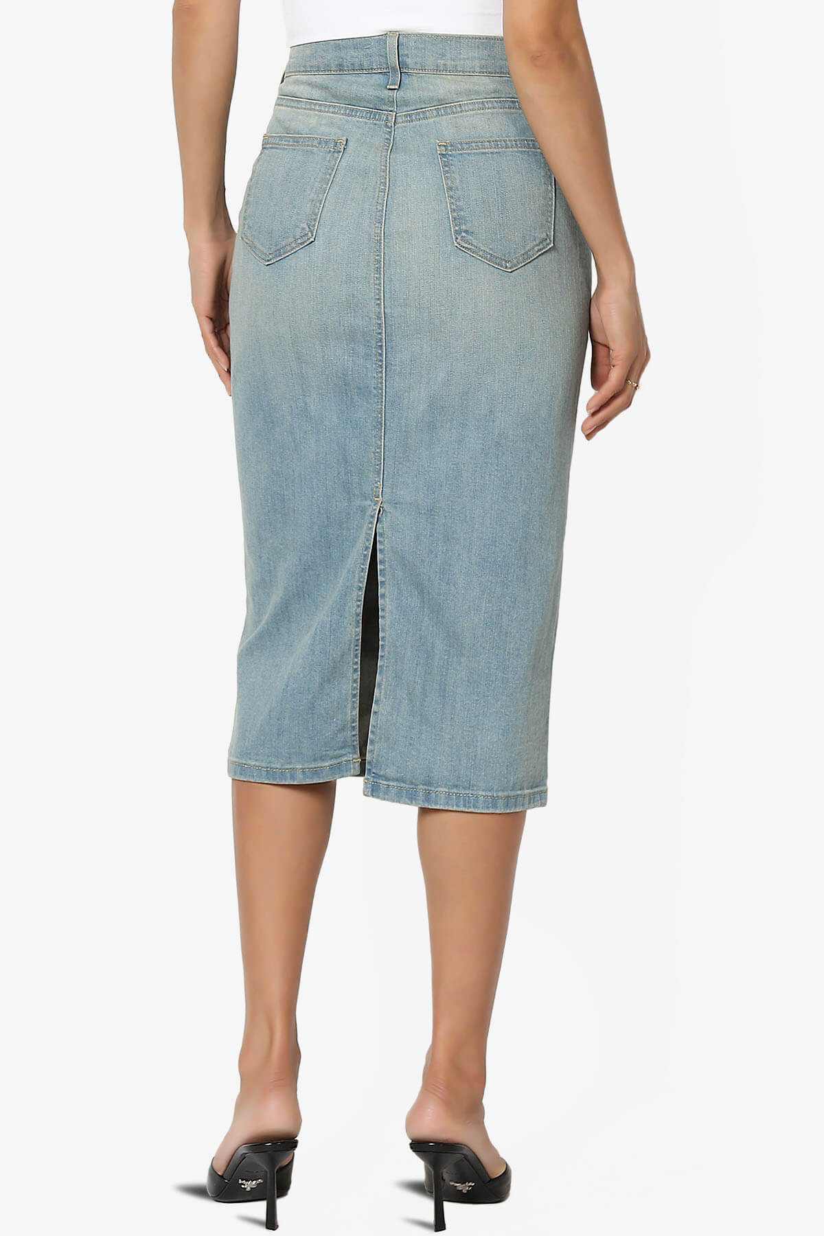 Celvin Washed Denim Pencil Midi Skirt LIGHT_2