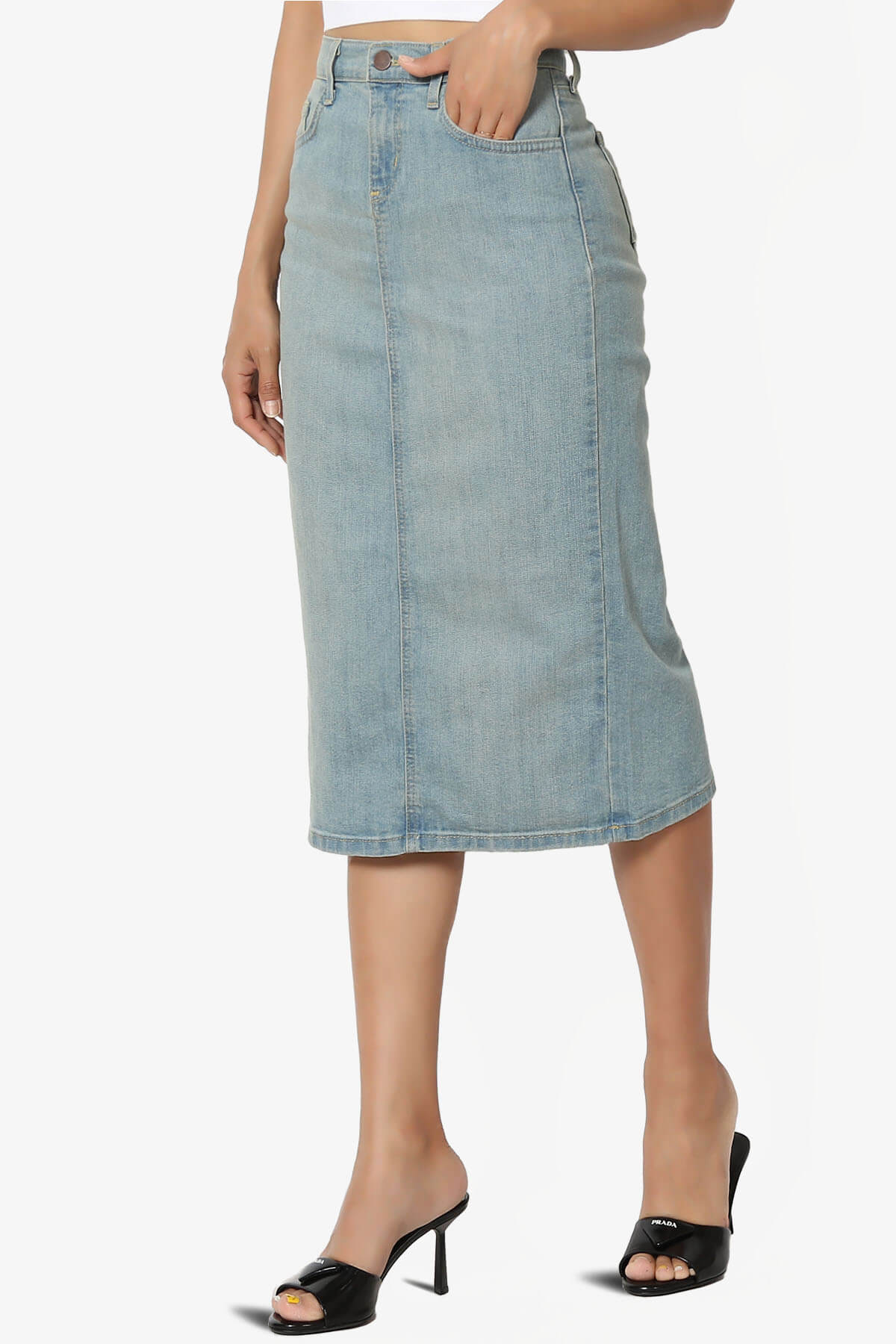 Celvin Washed Denim Pencil Midi Skirt LIGHT_3