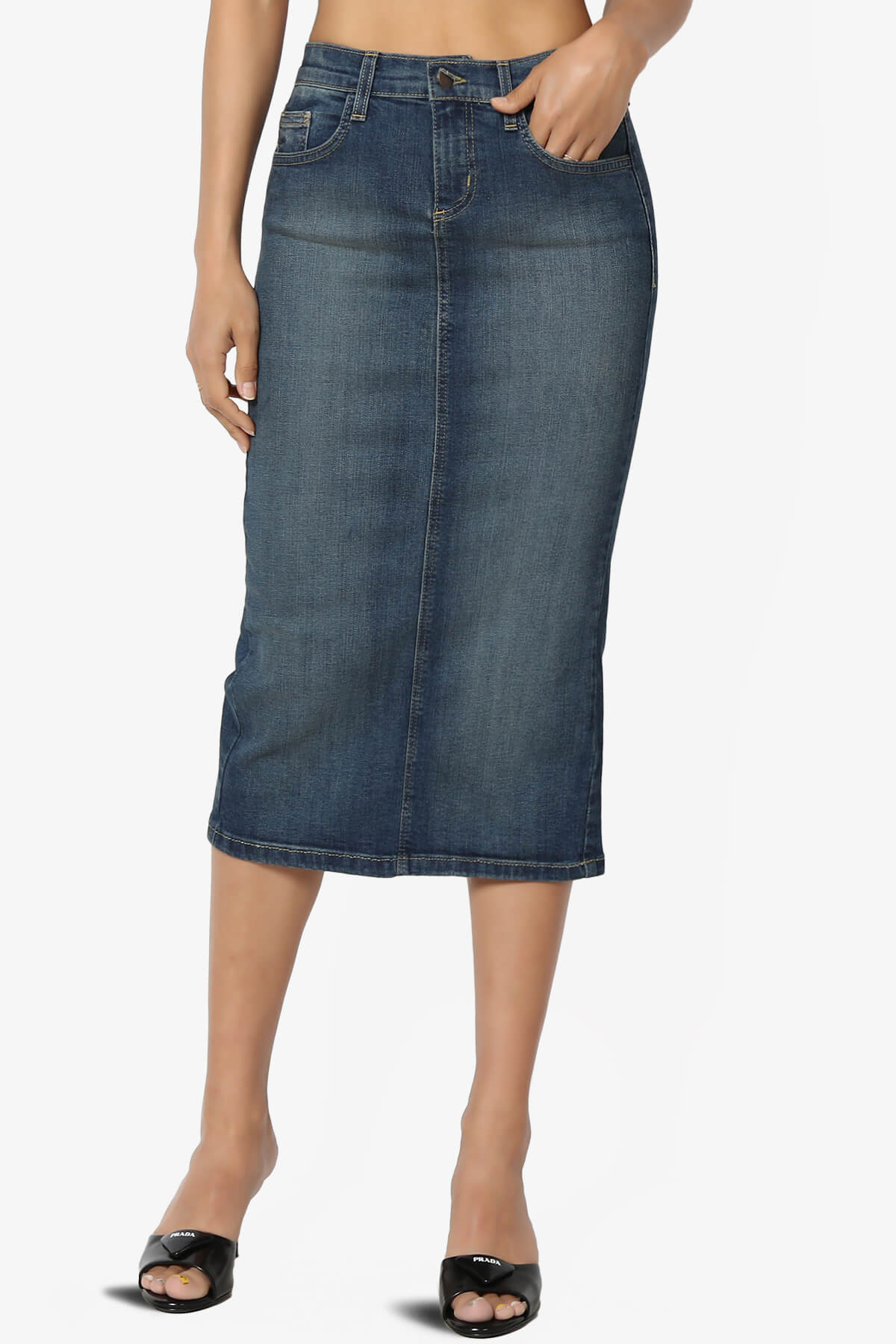 Celvin Washed Denim Pencil Midi Skirt MEDIUM_1