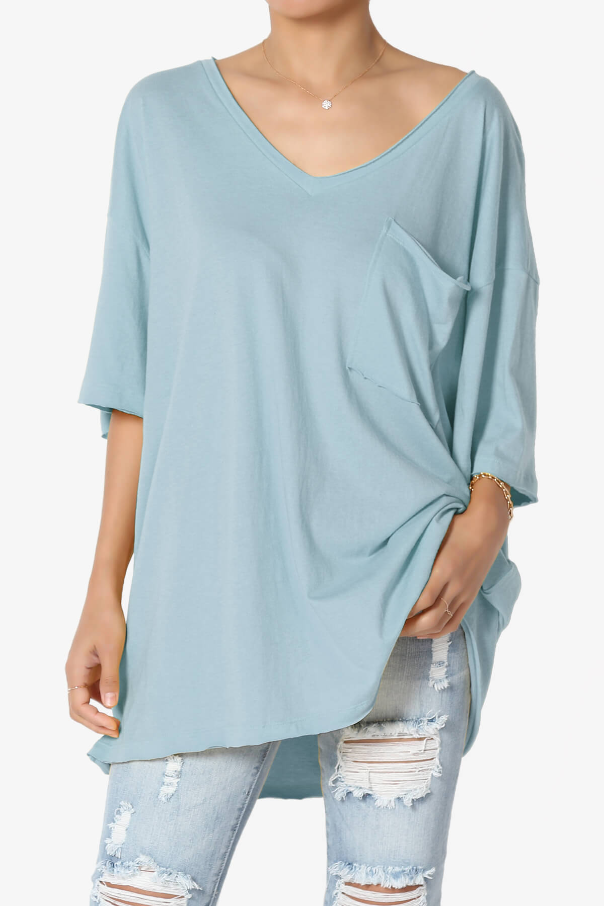 Charlie V Neck Pocket Boyfriend Tee ASH BLUE_1