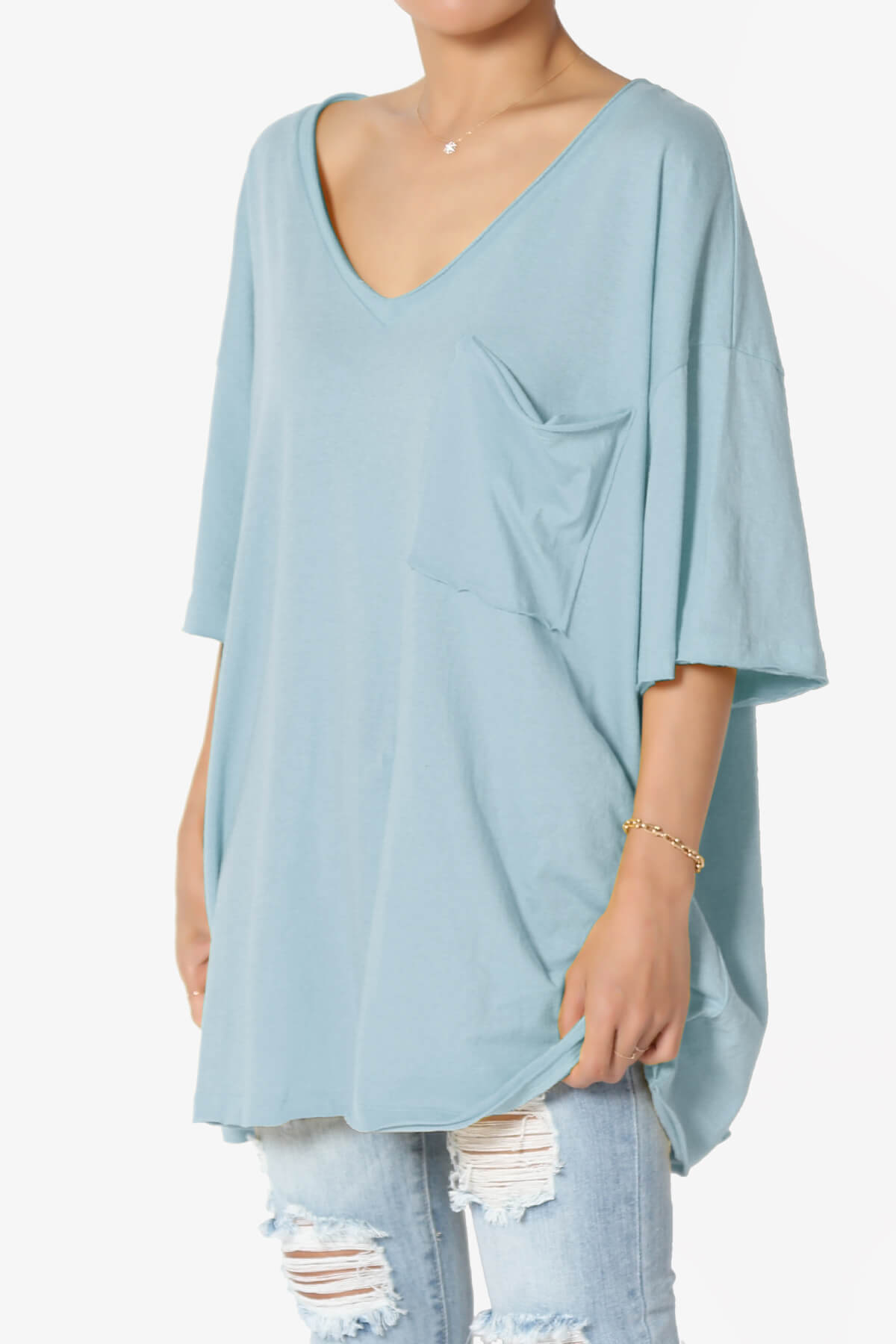 Charlie V Neck Pocket Boyfriend Tee ASH BLUE_3