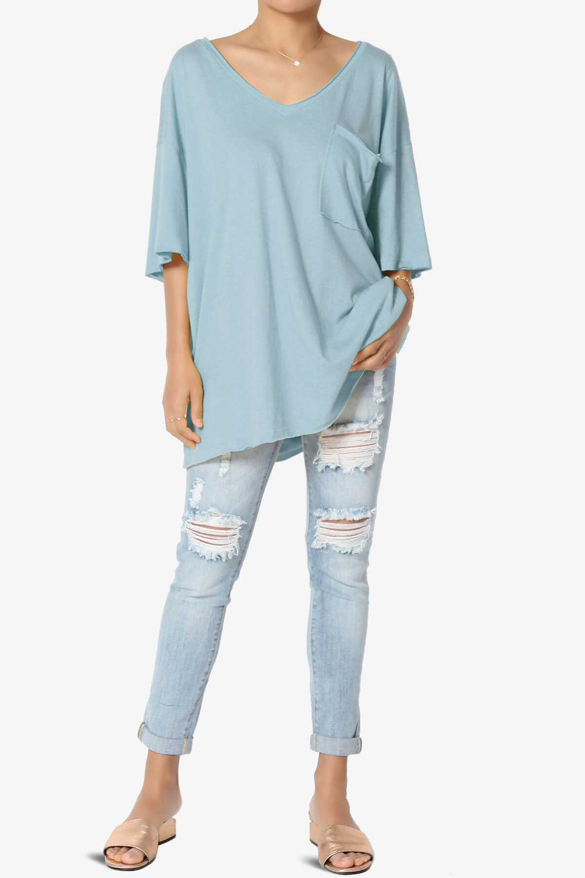 Charlie V Neck Pocket Boyfriend Tee ASH BLUE_6