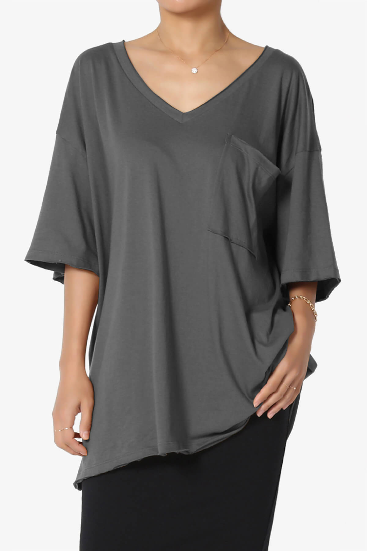 Charlie V Neck Pocket Boyfriend Tee ASH GREY_1