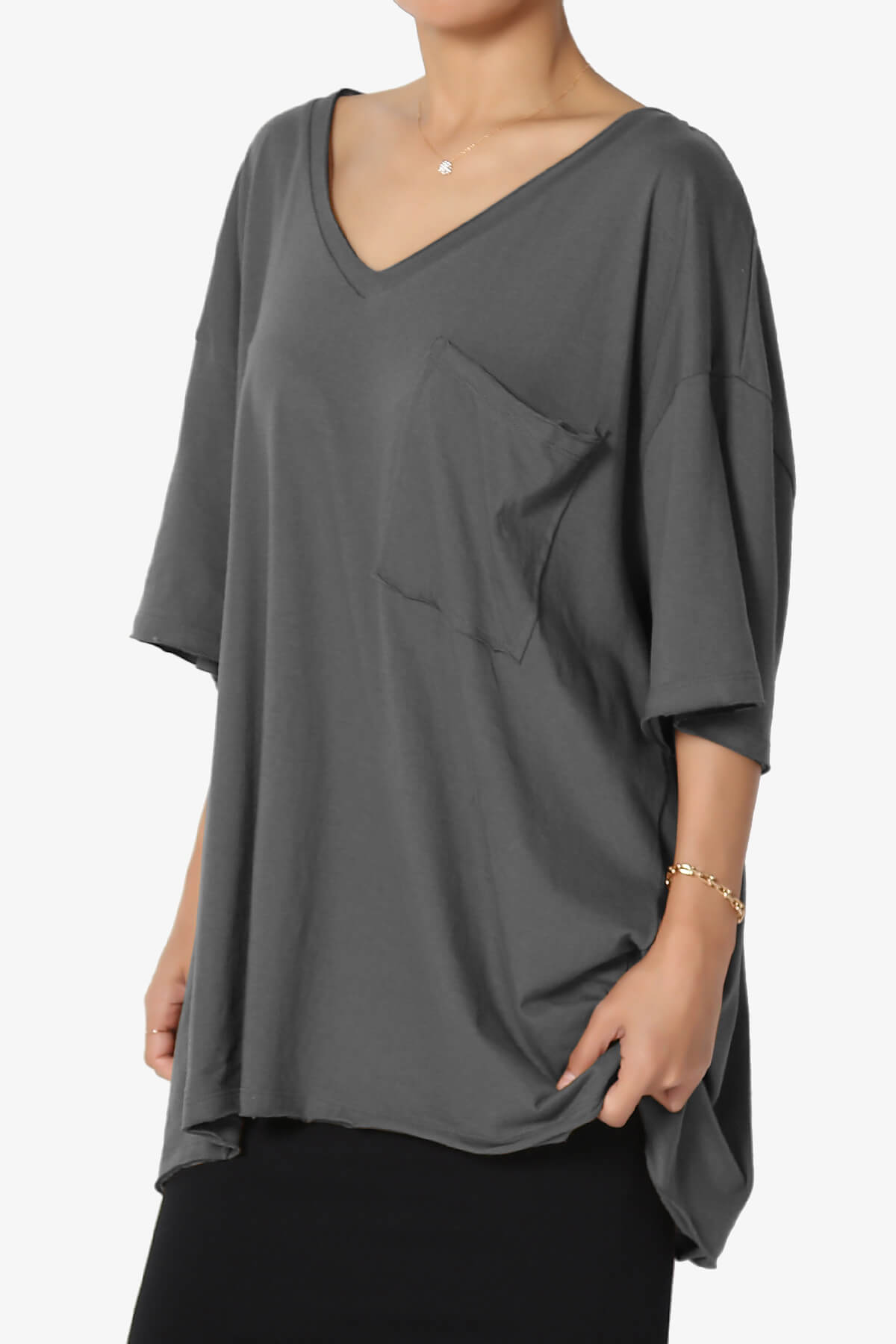 Charlie V Neck Pocket Boyfriend Tee ASH GREY_3