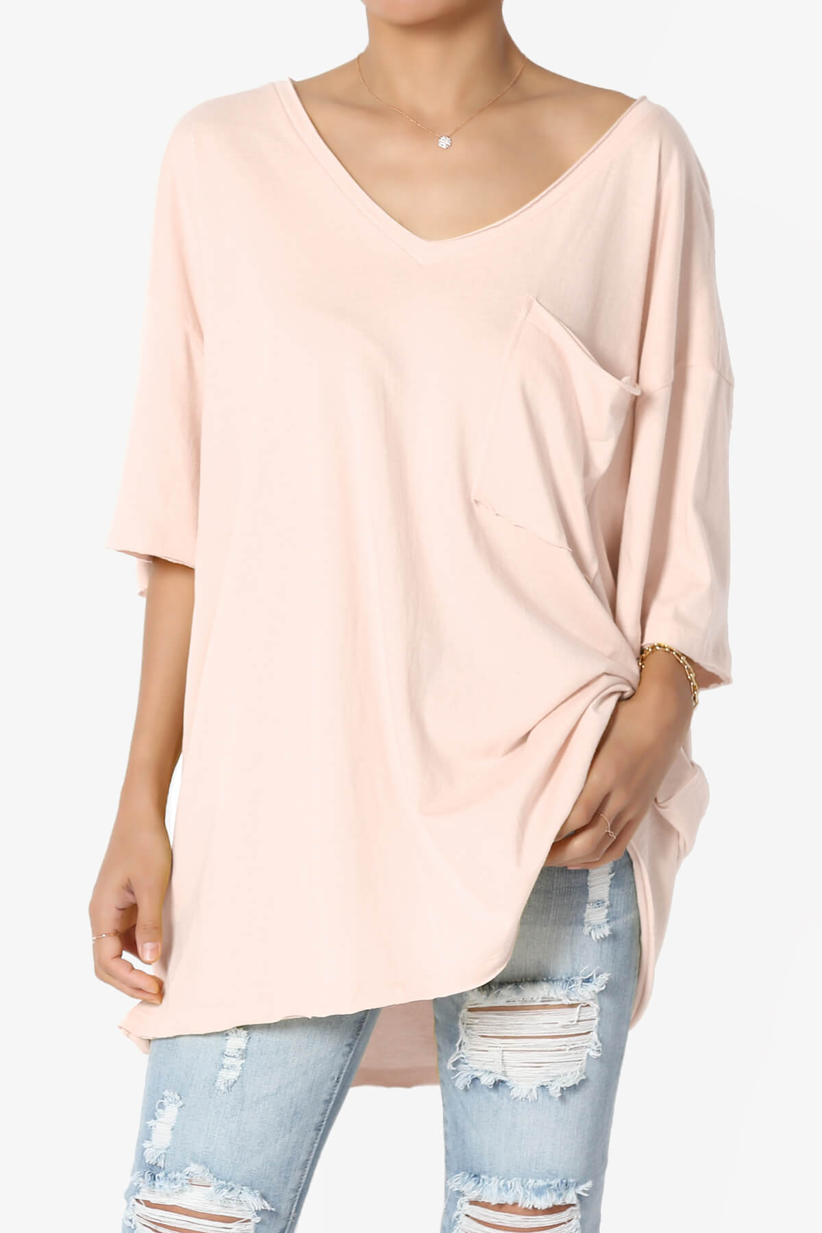 Charlie V Neck Pocket Boyfriend Tee CREAM PINK_1