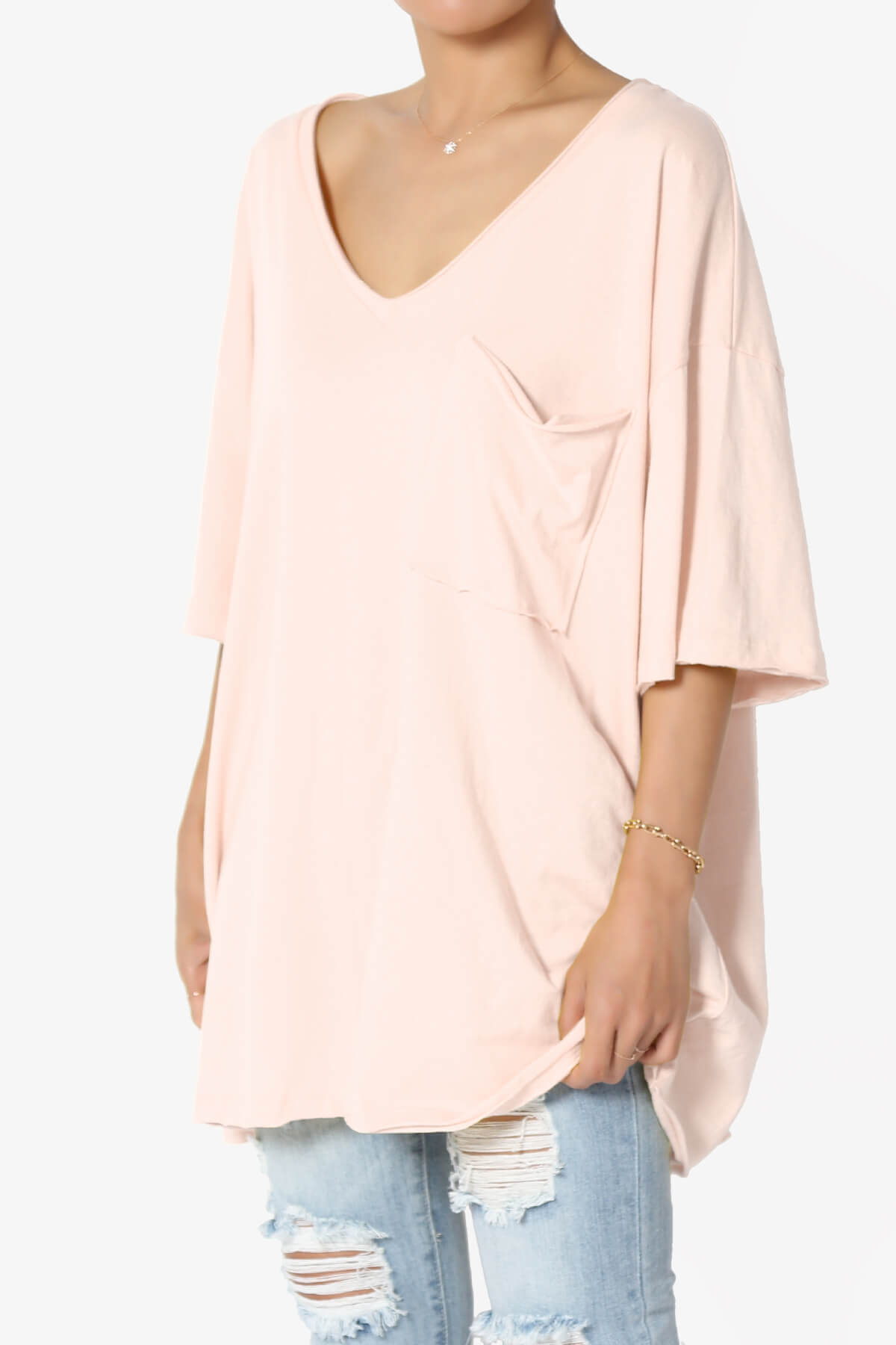 Charlie V Neck Pocket Boyfriend Tee CREAM PINK_3
