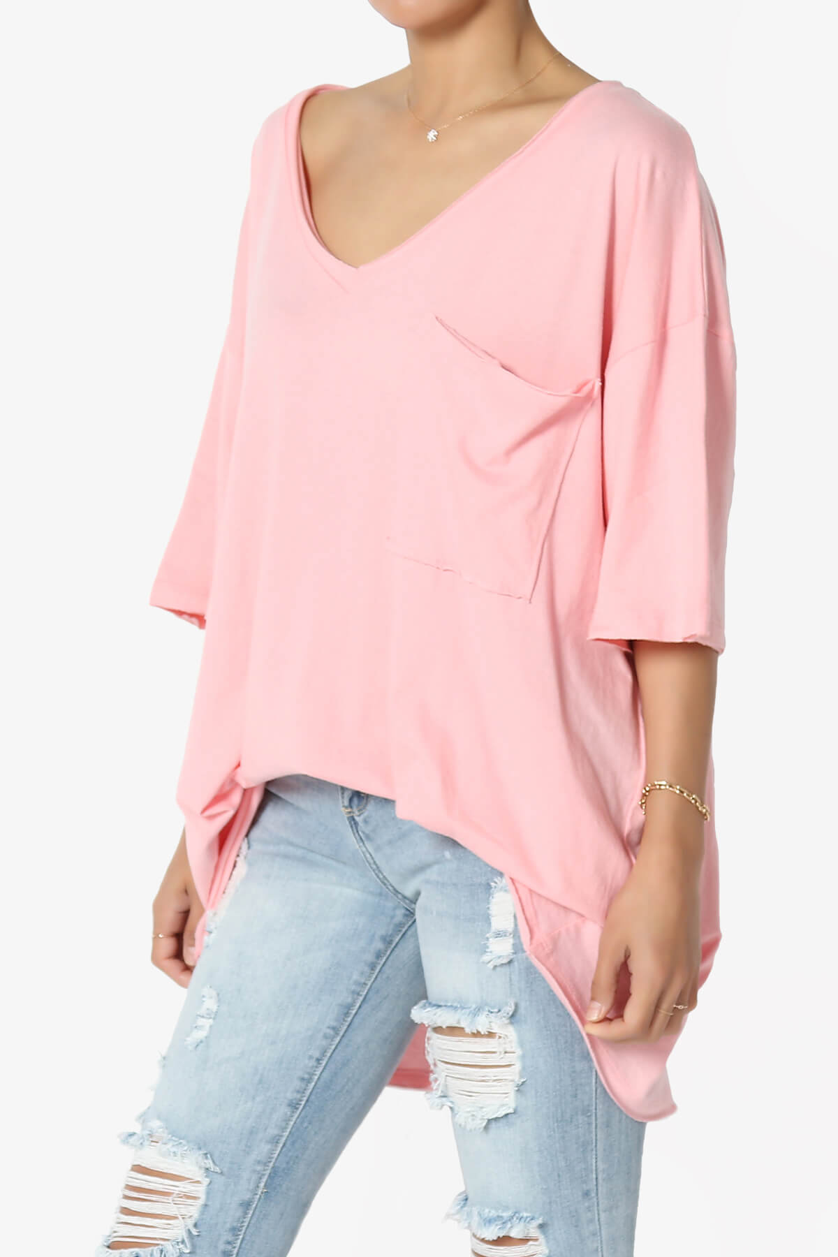 Charlie V Neck Pocket Boyfriend Tee DARK PINK_3