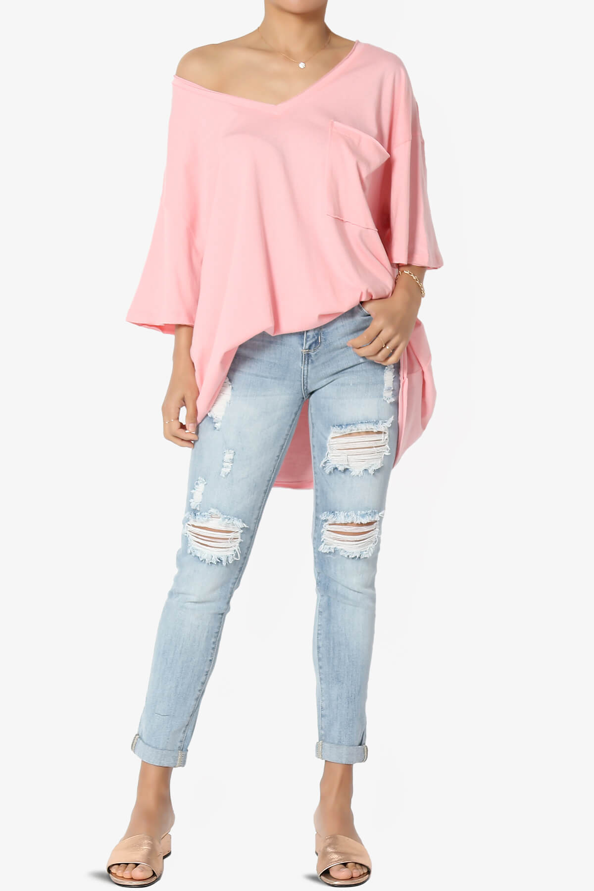 Charlie V Neck Pocket Boyfriend Tee DARK PINK_6