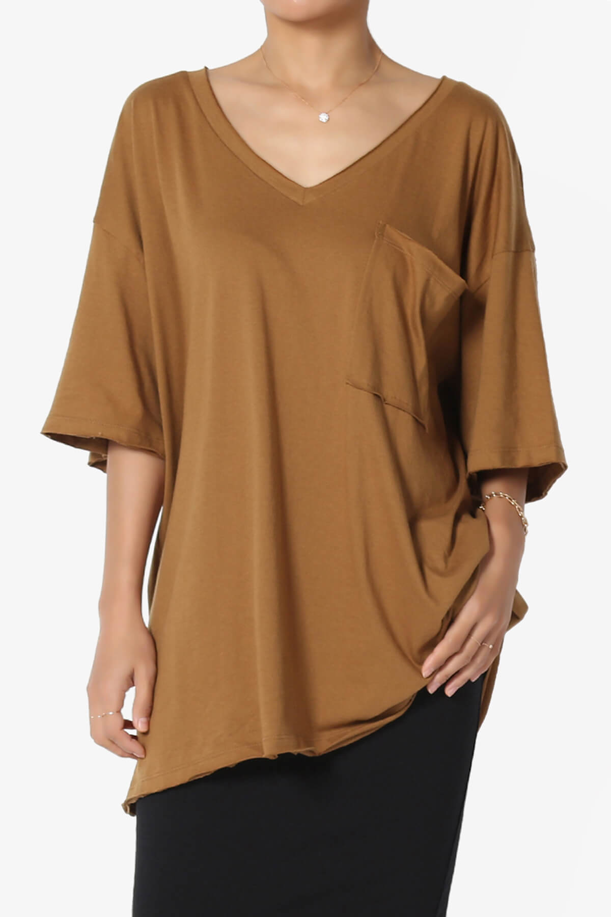 Charlie V Neck Pocket Boyfriend Tee DEEP CAMEL_1