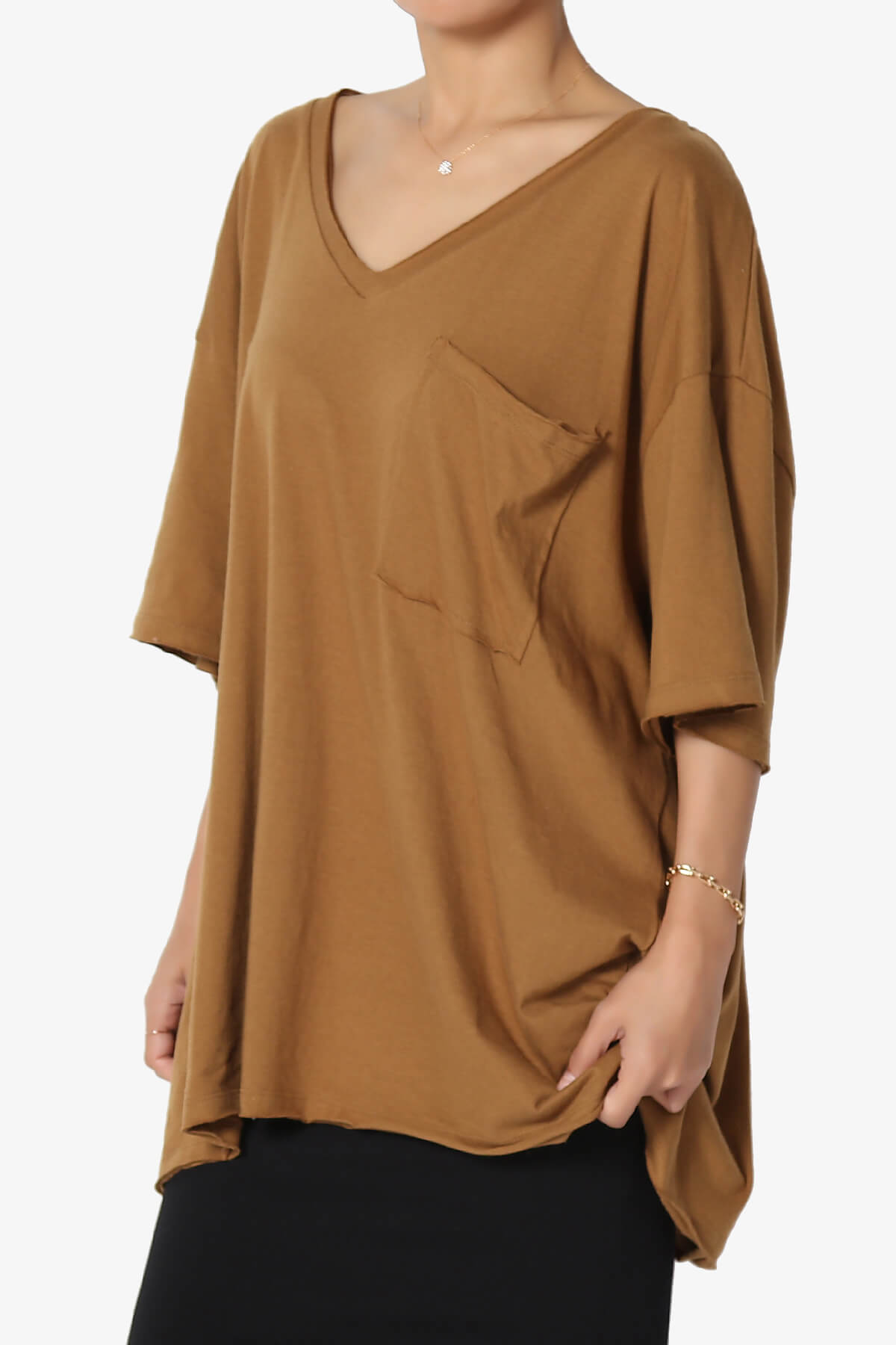 Charlie V Neck Pocket Boyfriend Tee DEEP CAMEL_3