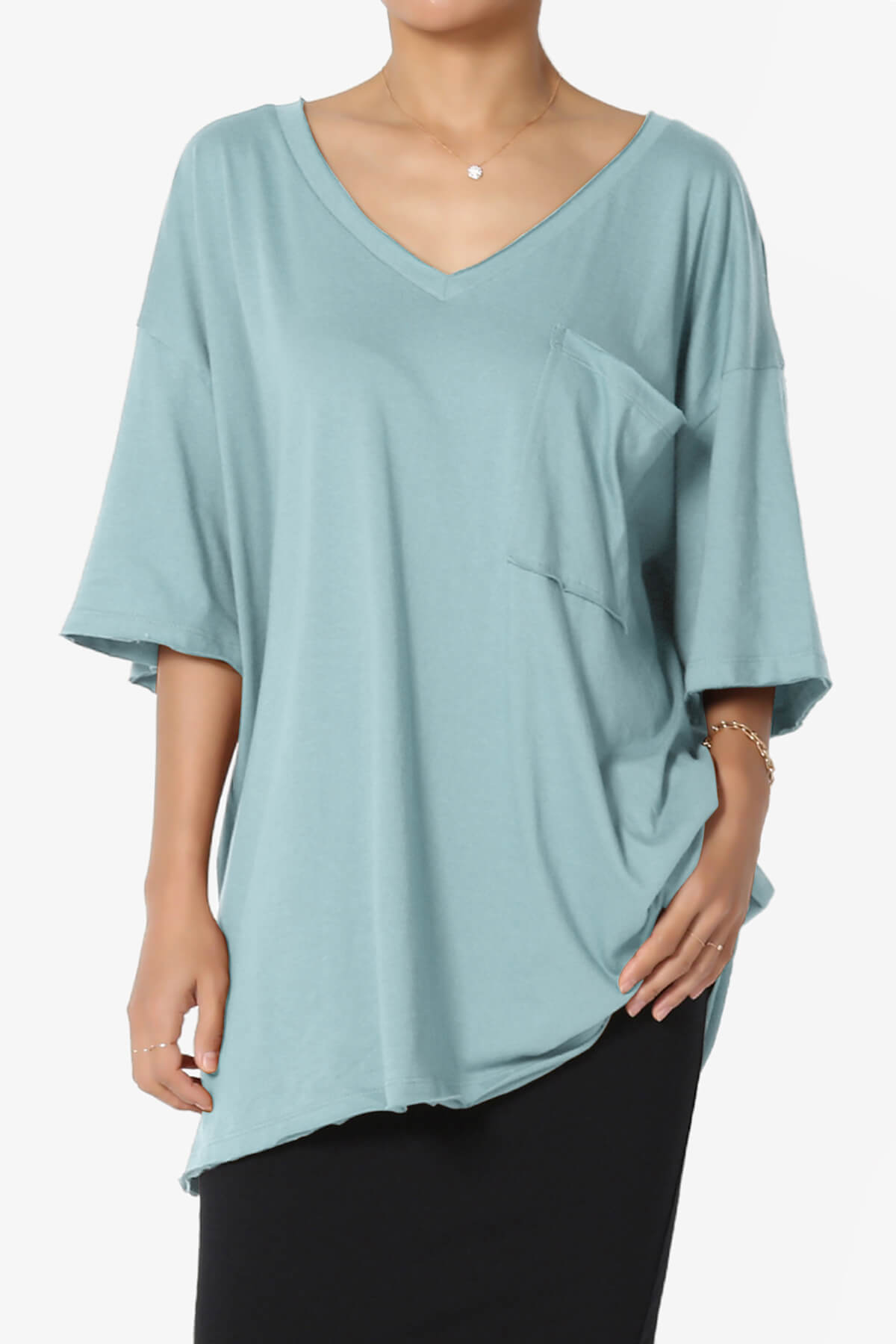 Charlie V Neck Pocket Boyfriend Tee DUSTY BLUE_1