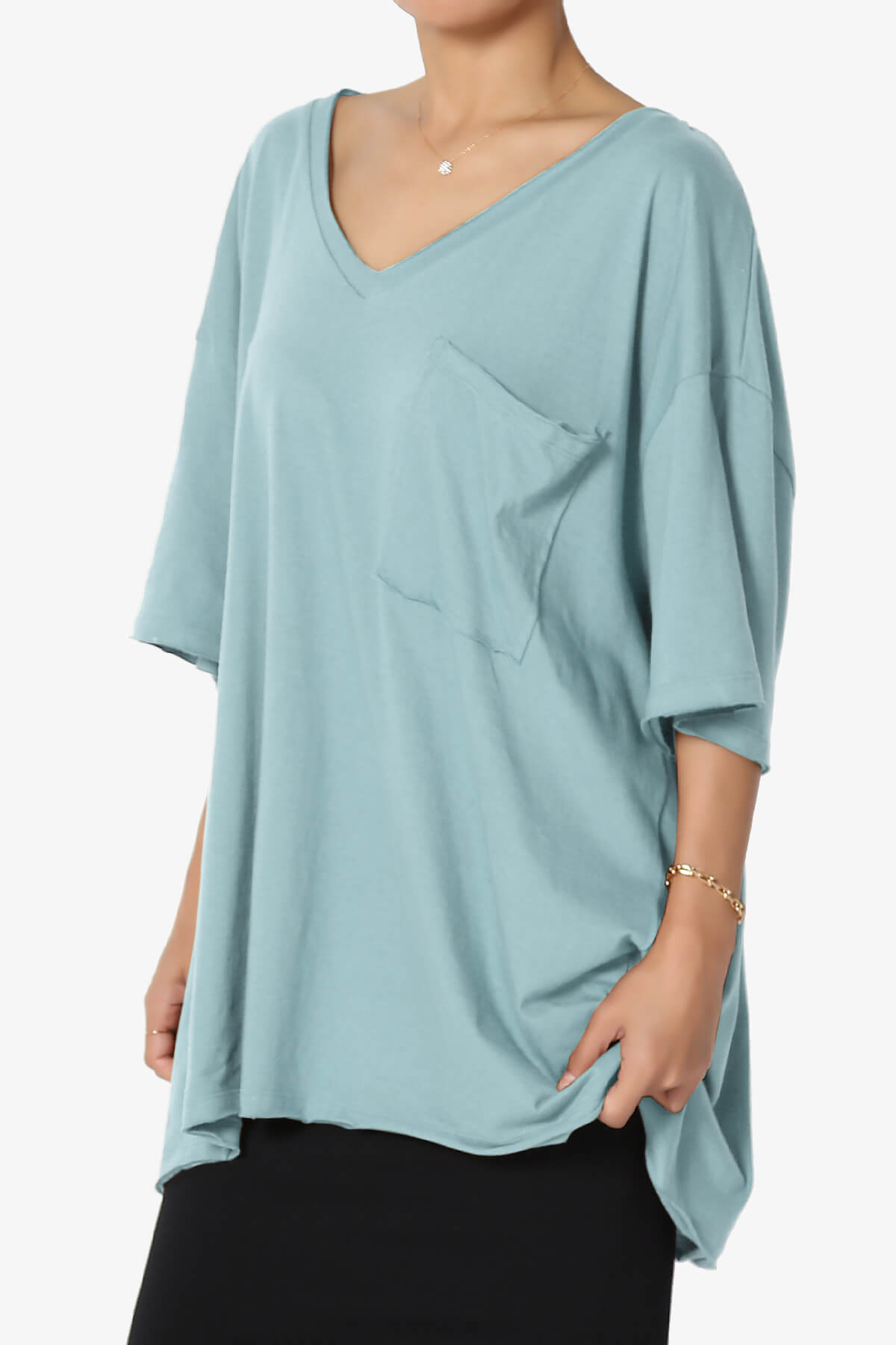 Charlie V Neck Pocket Boyfriend Tee DUSTY BLUE_3
