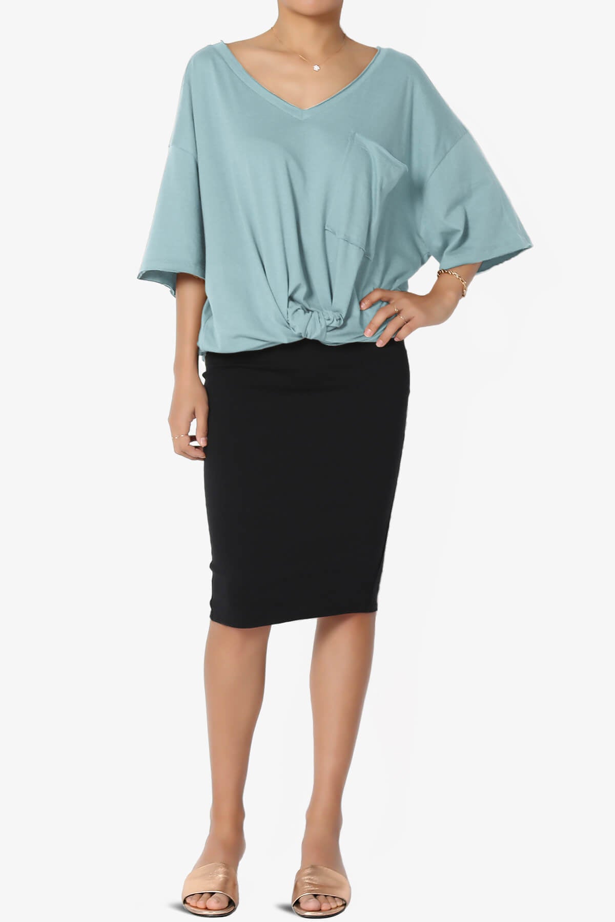 Charlie V Neck Pocket Boyfriend Tee DUSTY BLUE_6