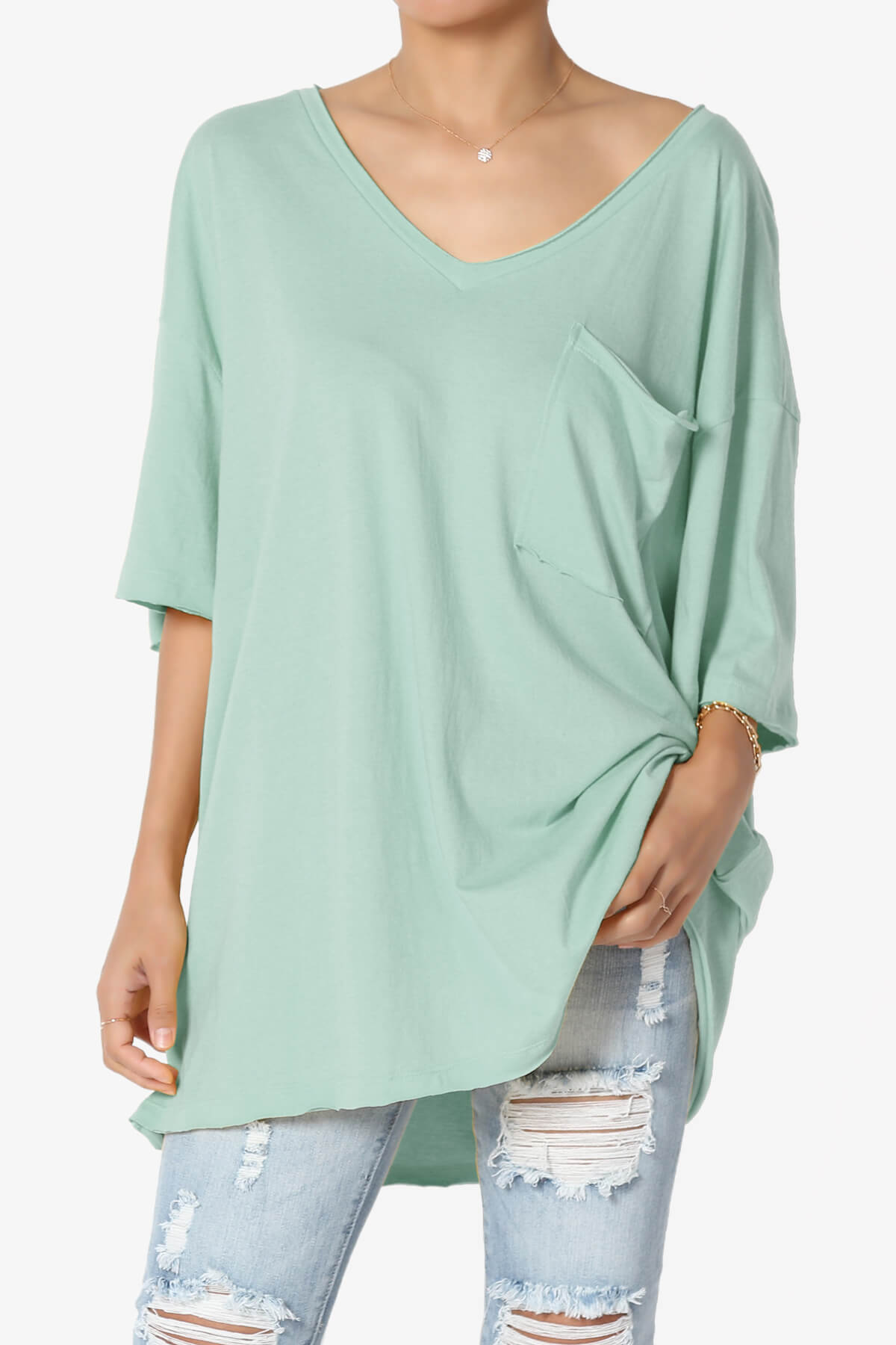 Charlie V Neck Pocket Boyfriend Tee LIGHT GREEN_1