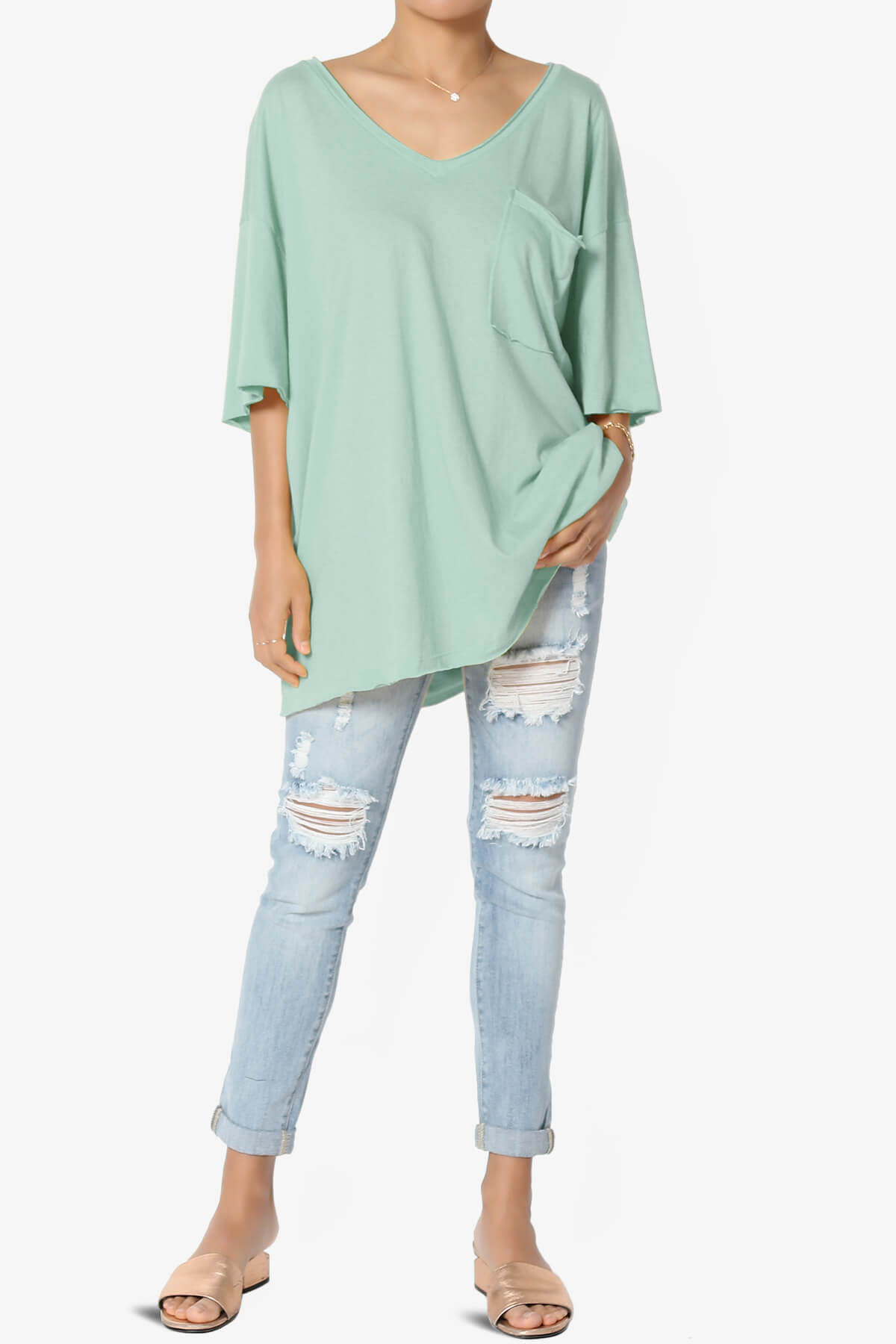 Charlie V Neck Pocket Boyfriend Tee LIGHT GREEN_6
