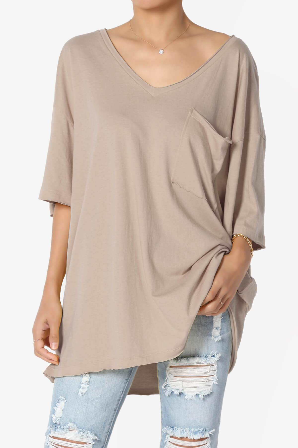 Charlie V Neck Pocket Boyfriend Tee LIGHT MOCHA_1