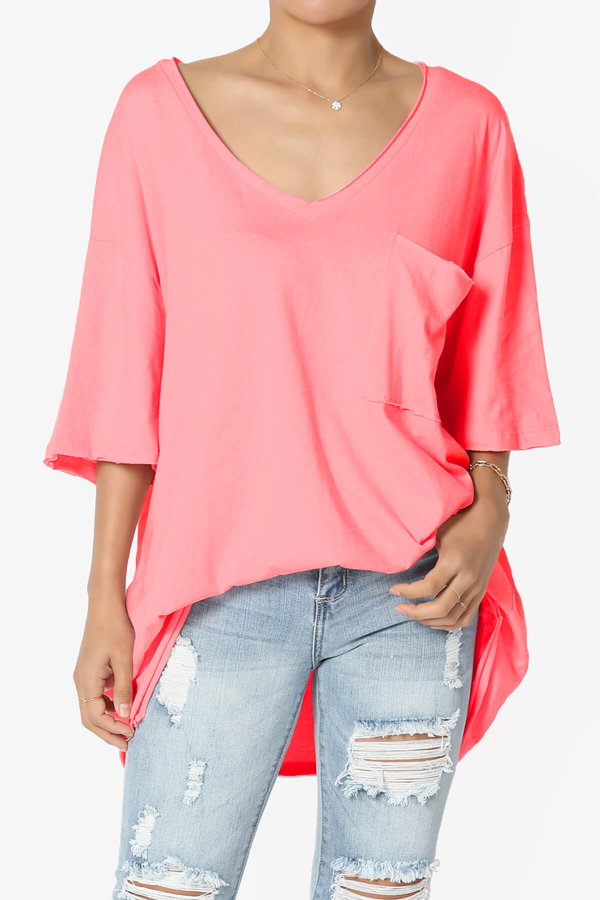 Charlie V Neck Pocket Boyfriend Tee NEON CORAL PINK_1