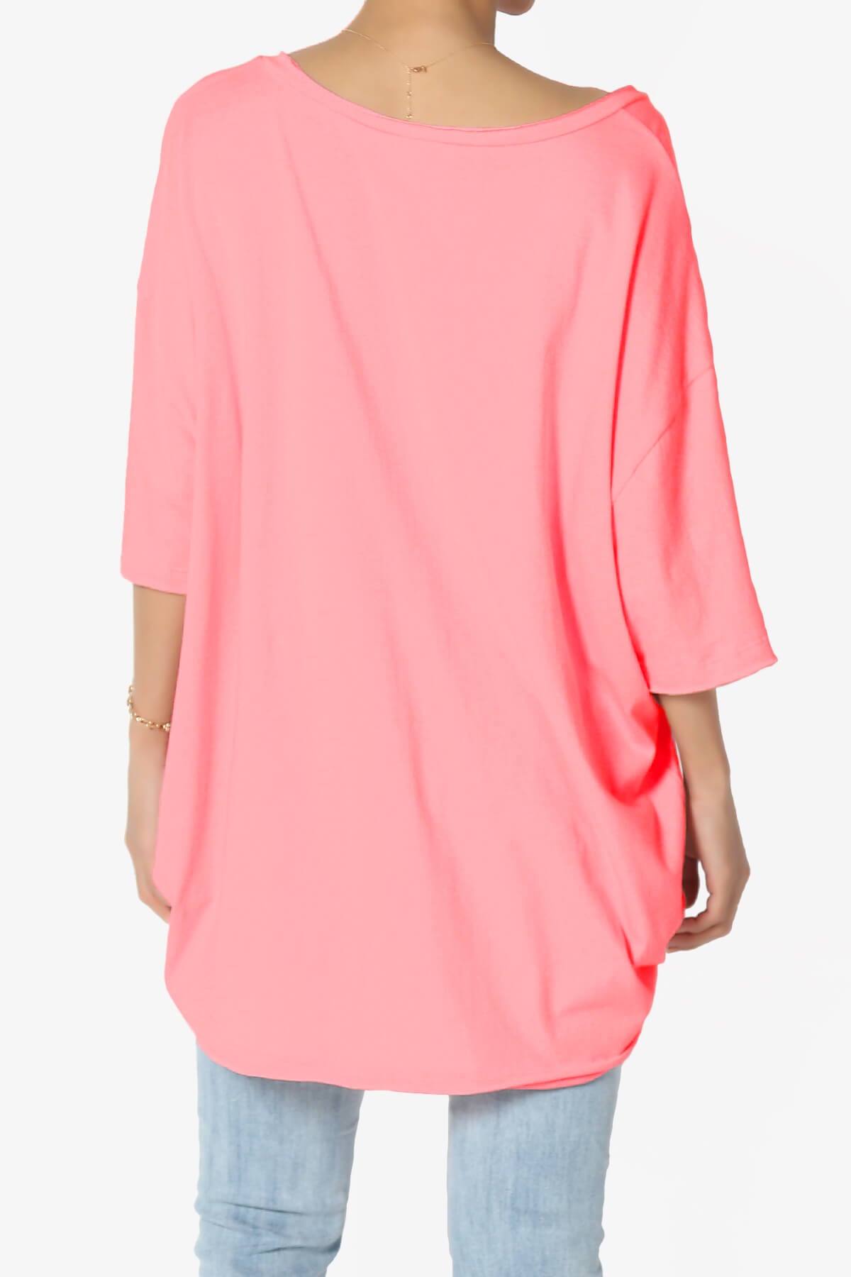 Charlie V Neck Pocket Boyfriend Tee NEON CORAL PINK_2