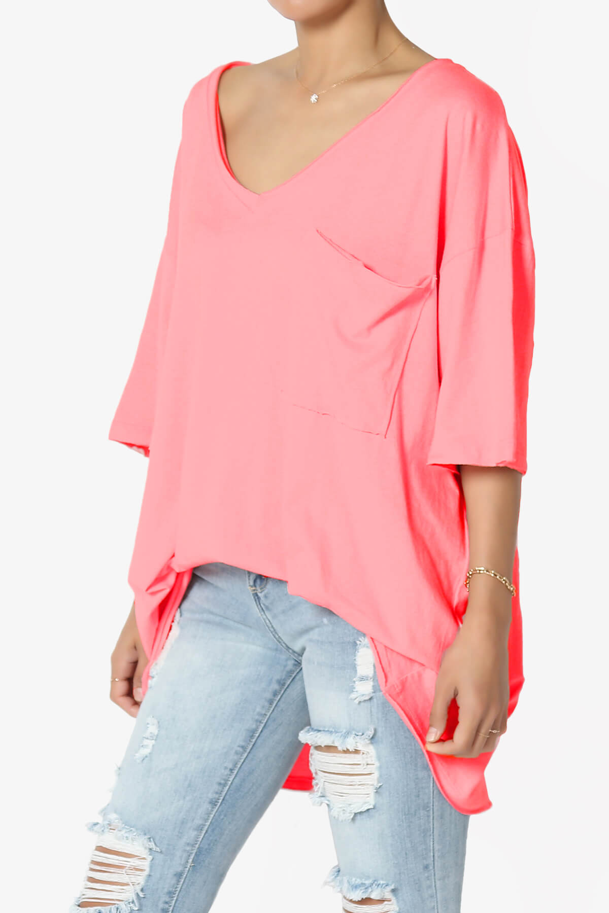 Charlie V Neck Pocket Boyfriend Tee NEON CORAL PINK_3