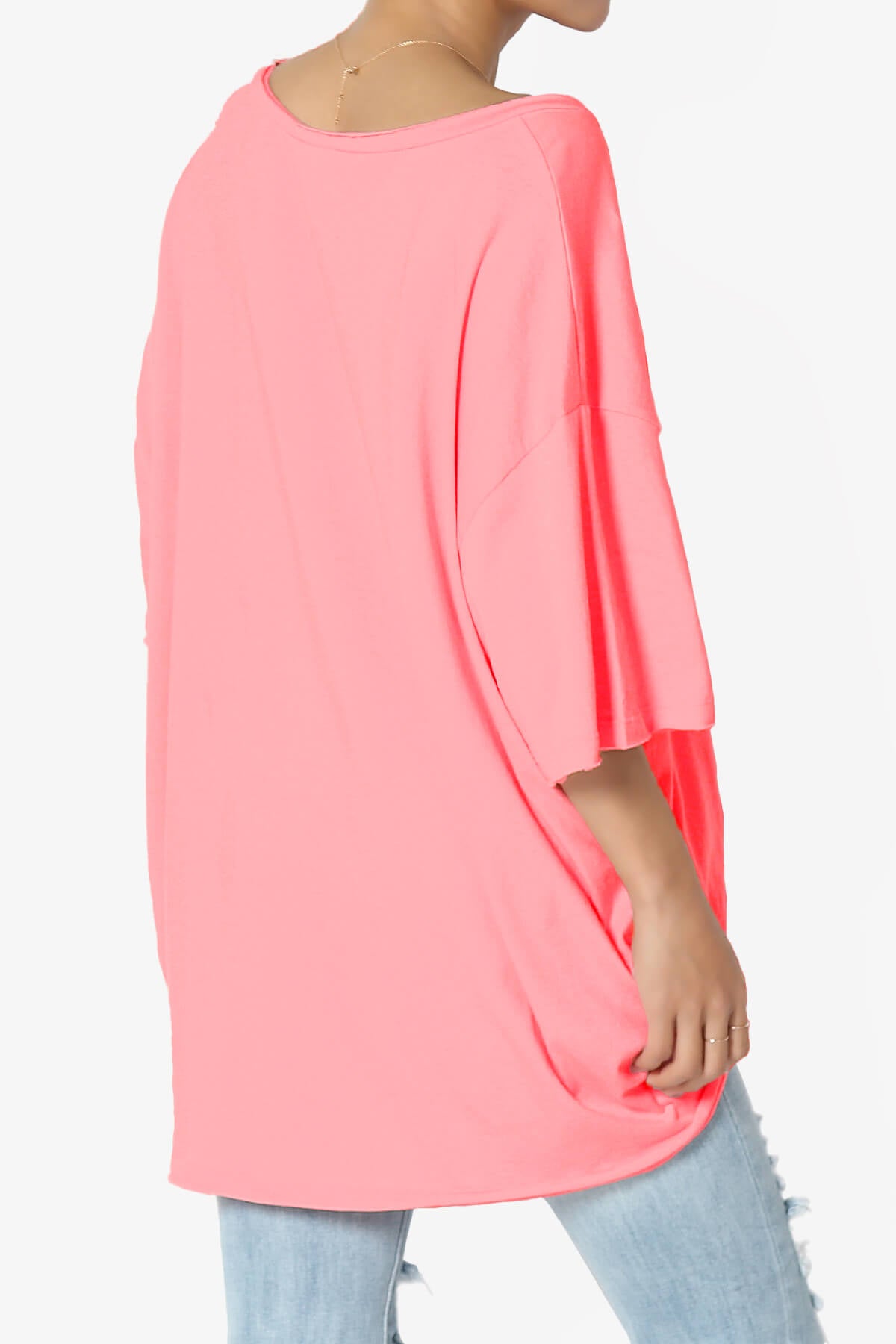 Charlie V Neck Pocket Boyfriend Tee NEON CORAL PINK_4