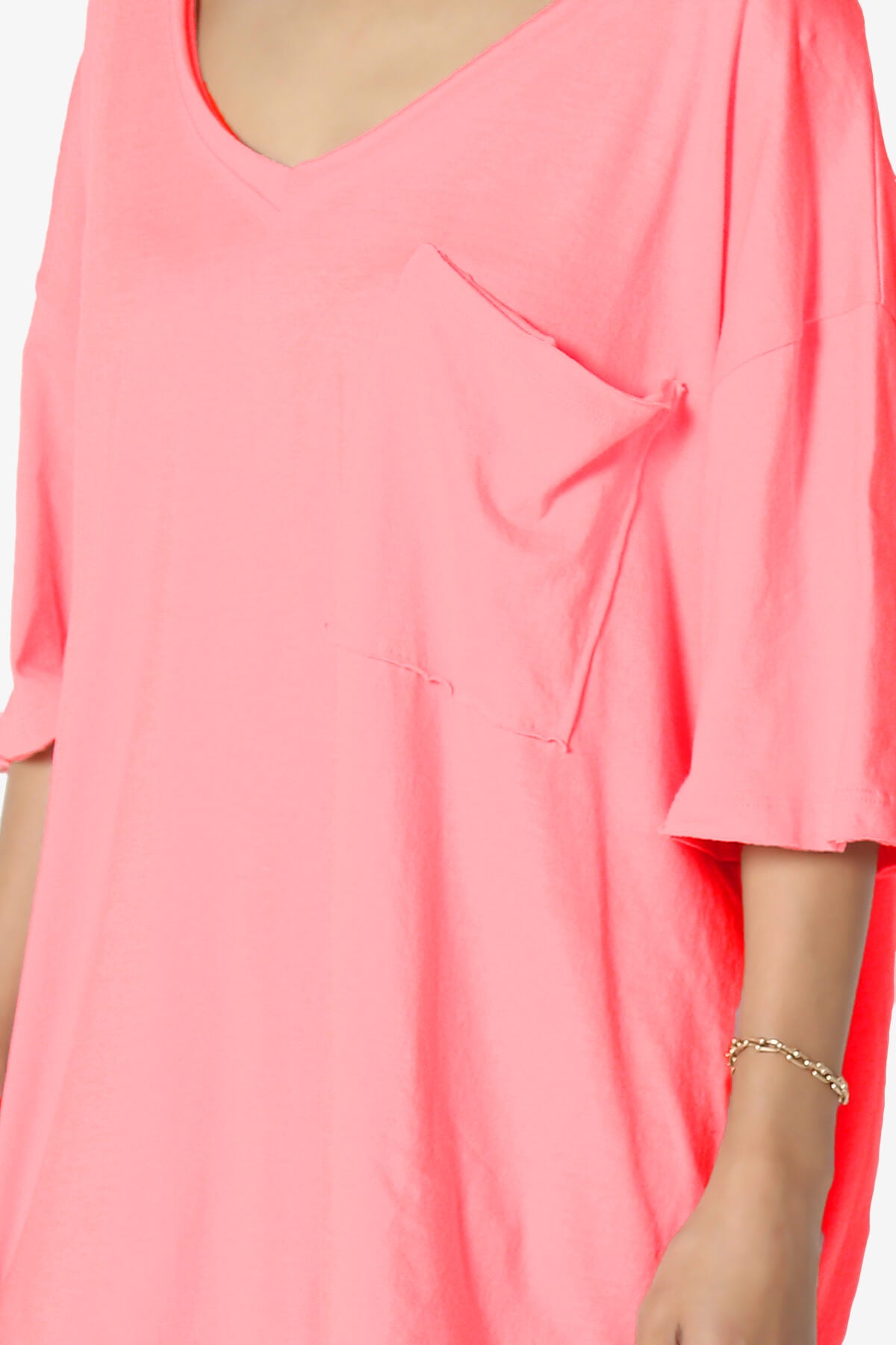 Charlie V Neck Pocket Boyfriend Tee NEON CORAL PINK_5