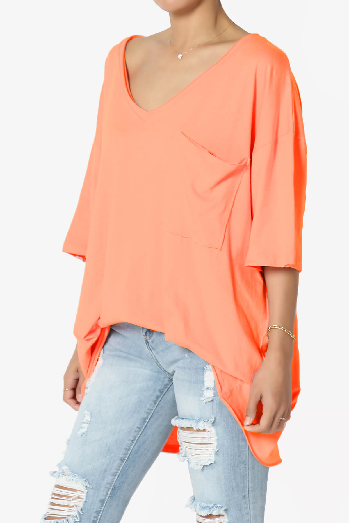 Charlie V Neck Pocket Boyfriend Tee NEON CORAL_3