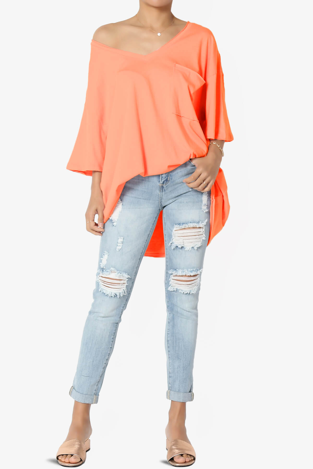 Charlie V Neck Pocket Boyfriend Tee NEON CORAL_6