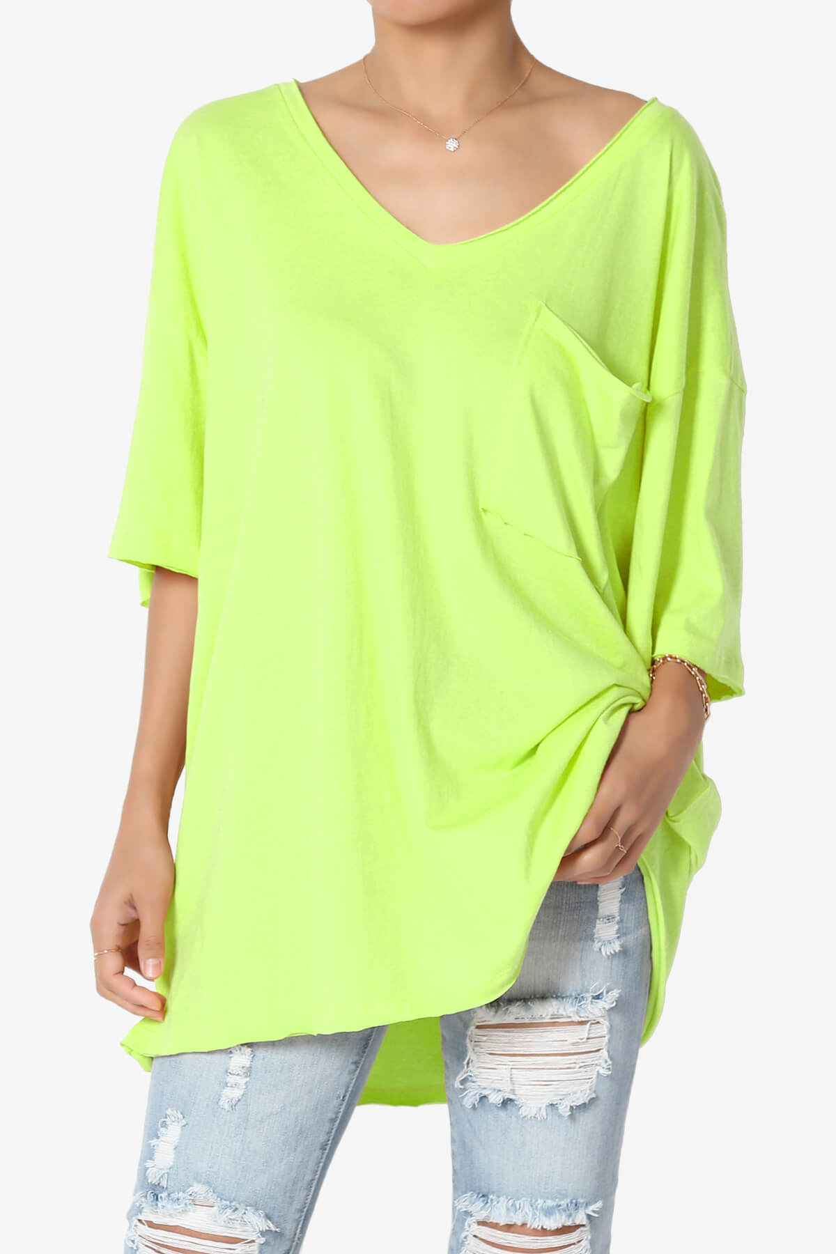 Charlie V Neck Pocket Boyfriend Tee NEON GREEN_1