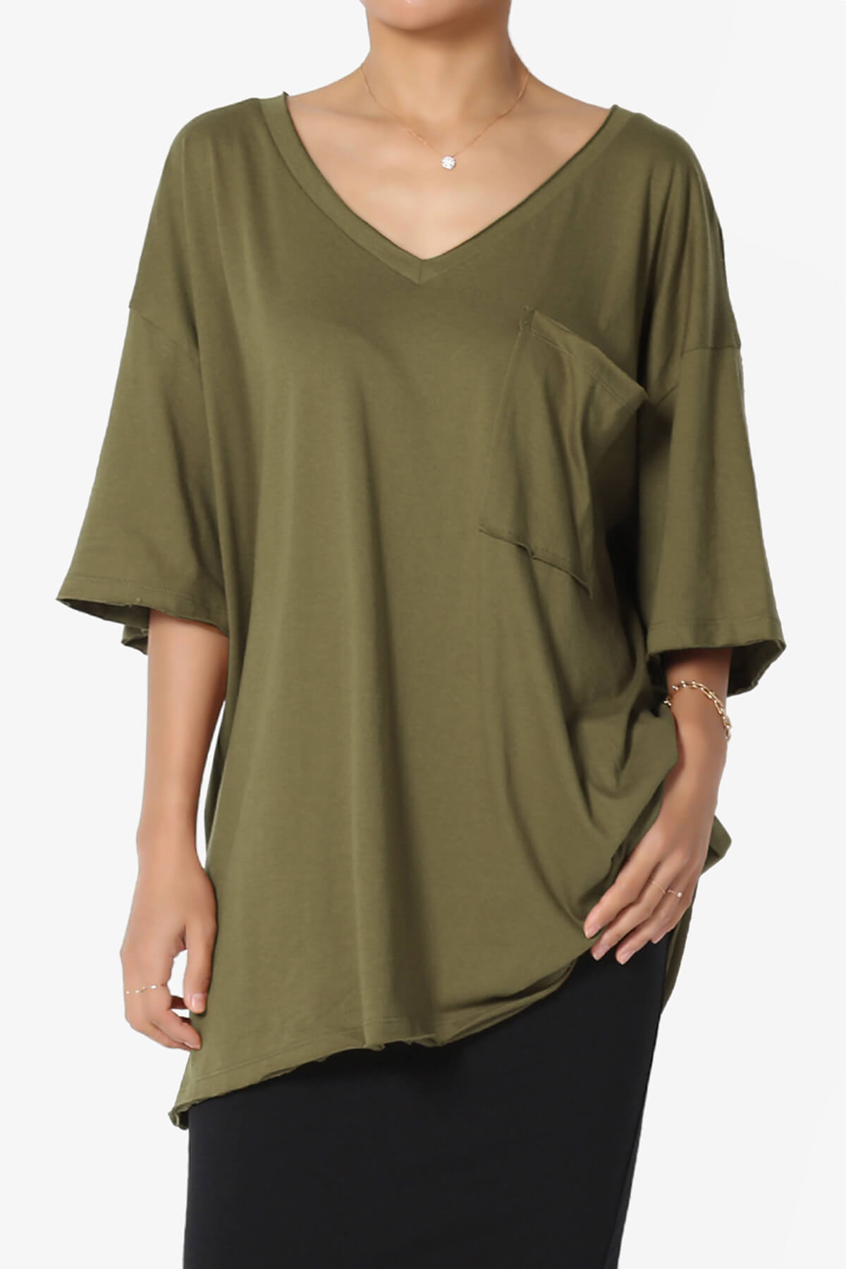 Charlie V Neck Pocket Boyfriend Tee OLIVE KHAKI_1