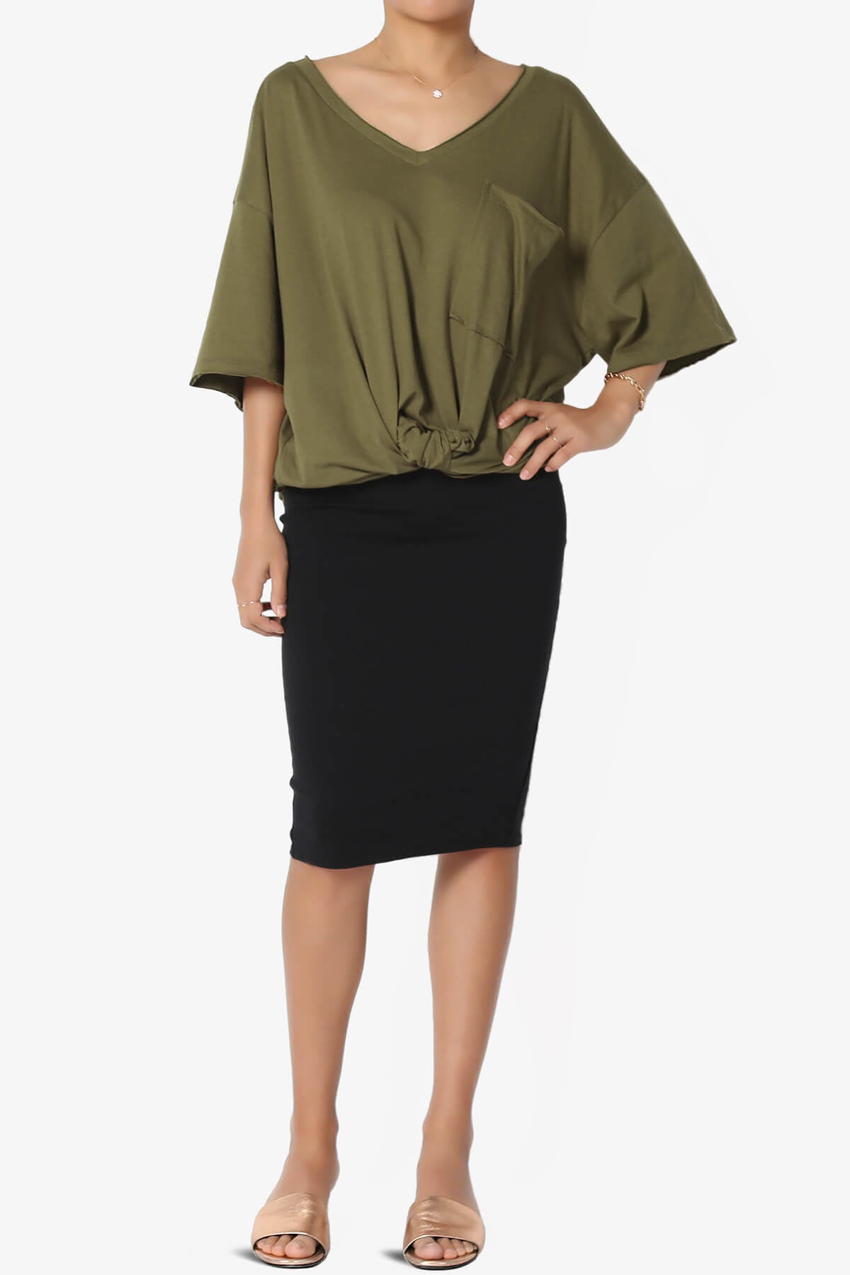 Charlie V Neck Pocket Boyfriend Tee OLIVE KHAKI_6