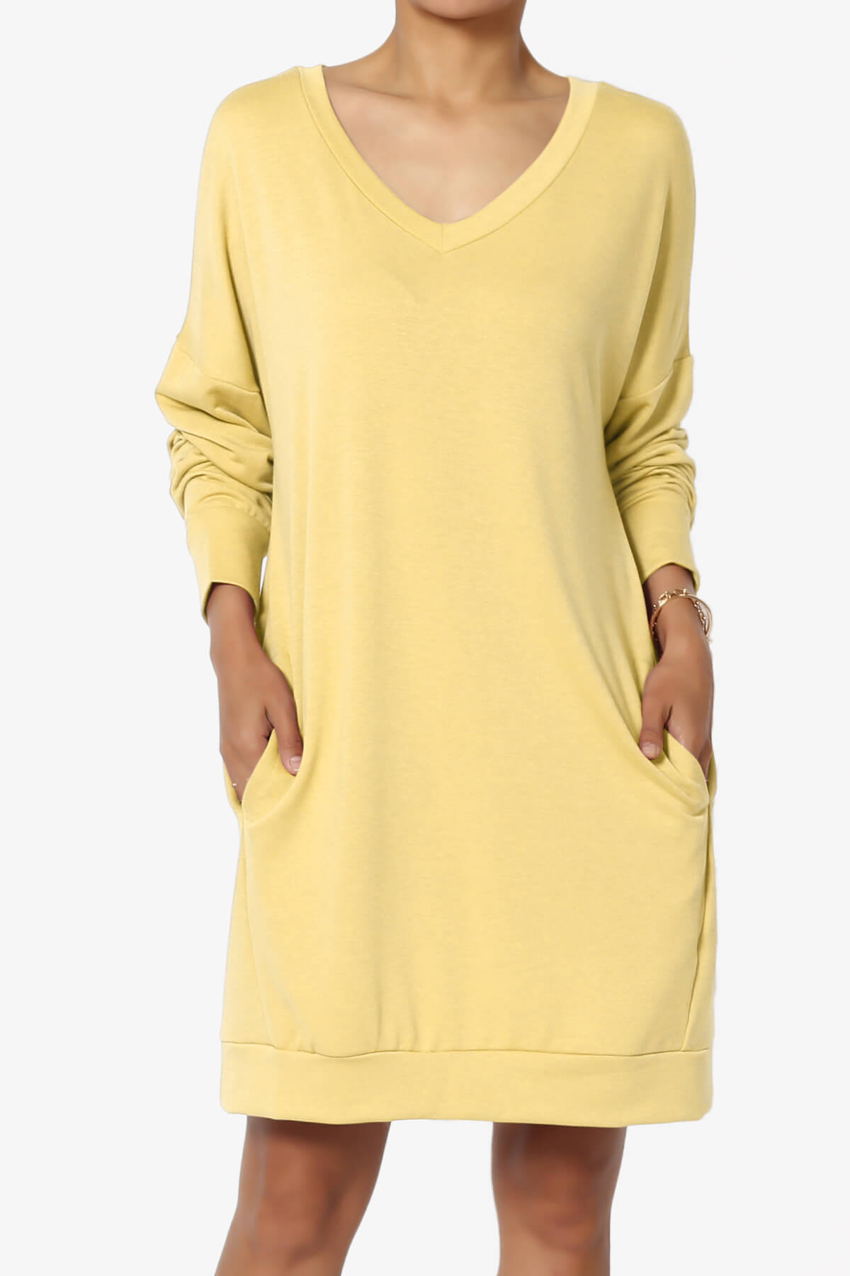 Chrissy V-Neck Pocket Soft Terry Tunic DUSTY BANANA_1