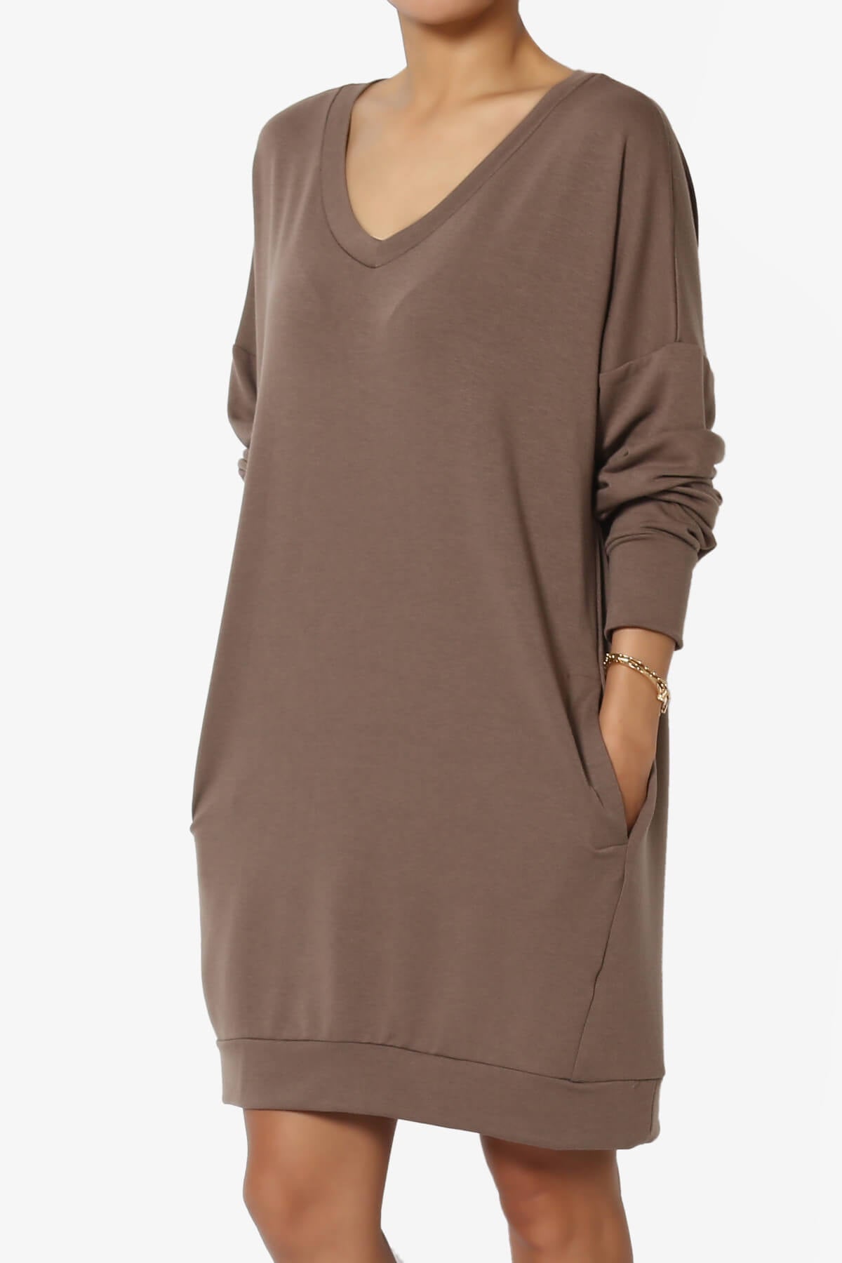 Chrissy V-Neck Pocket Soft Terry Tunic MOCHA_3