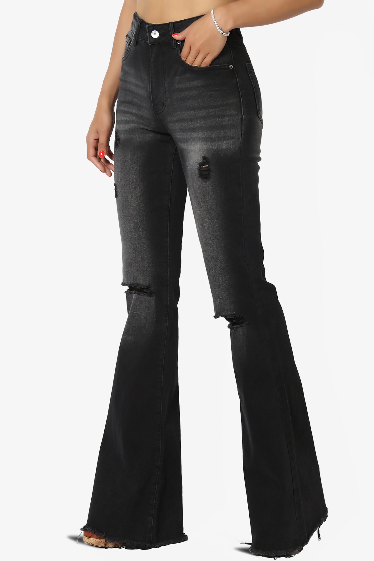 Snazzy High Rise Knee Destroy Flare Jeans BLACK