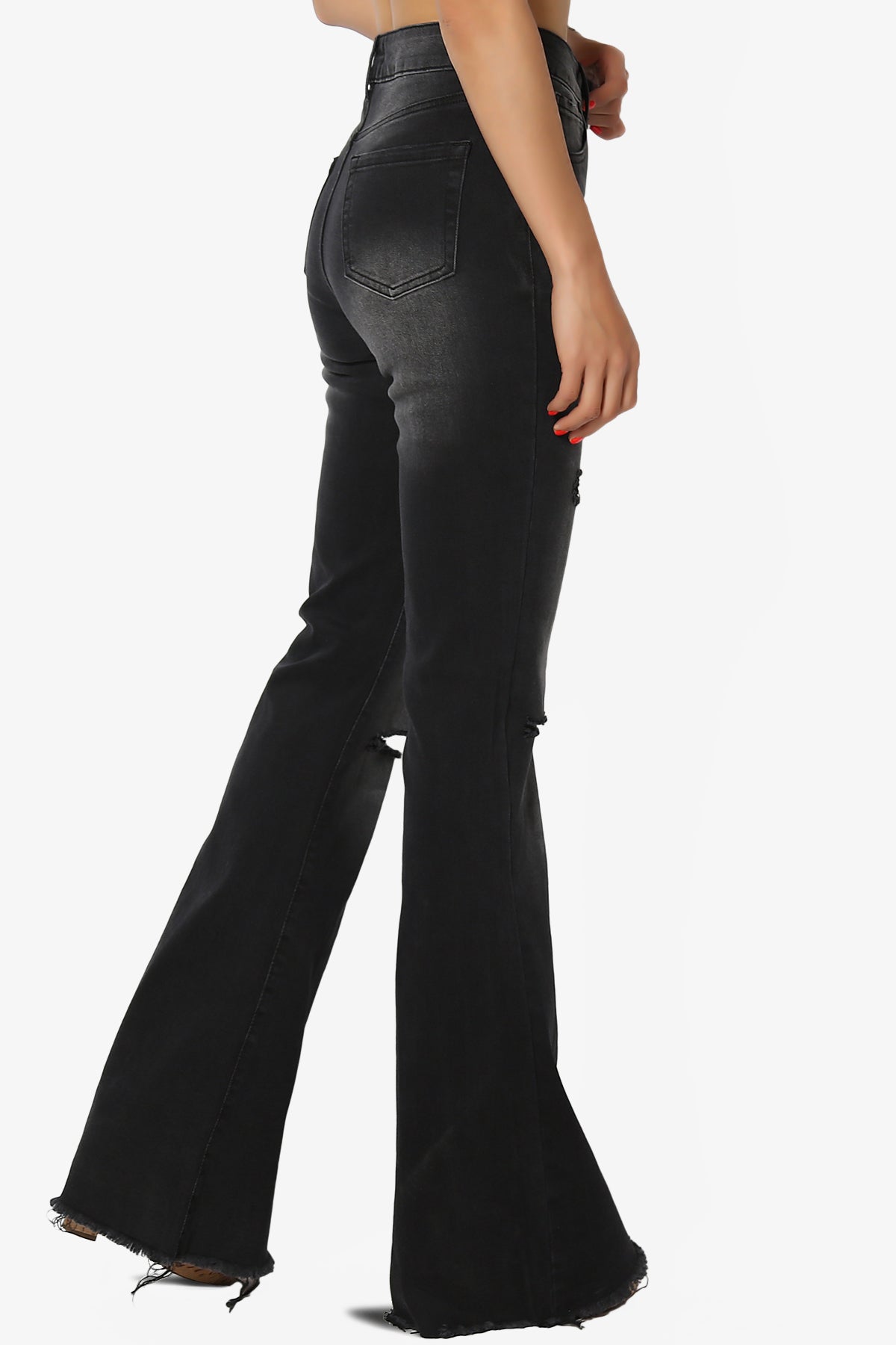 Snazzy High Rise Knee Destroy Flare Jeans BLACK