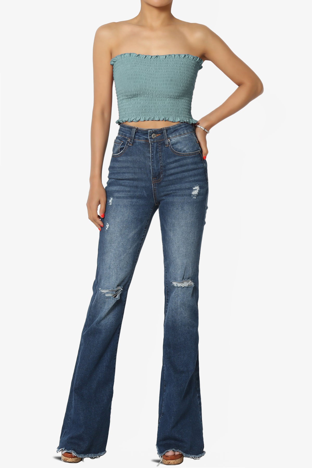 Snazzy High Rise Knee Destroy Flare Jeans DARK