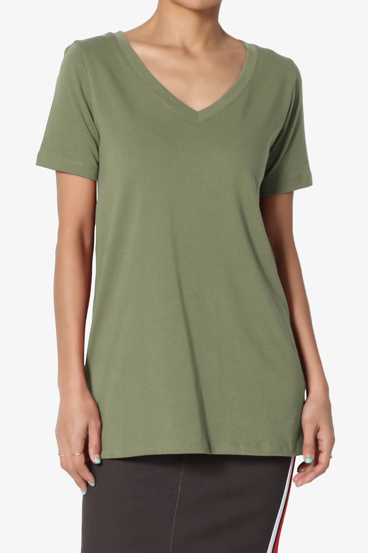 Elora V-Neck Short Sleeve T-Shirt DUSTY OLIVE_1