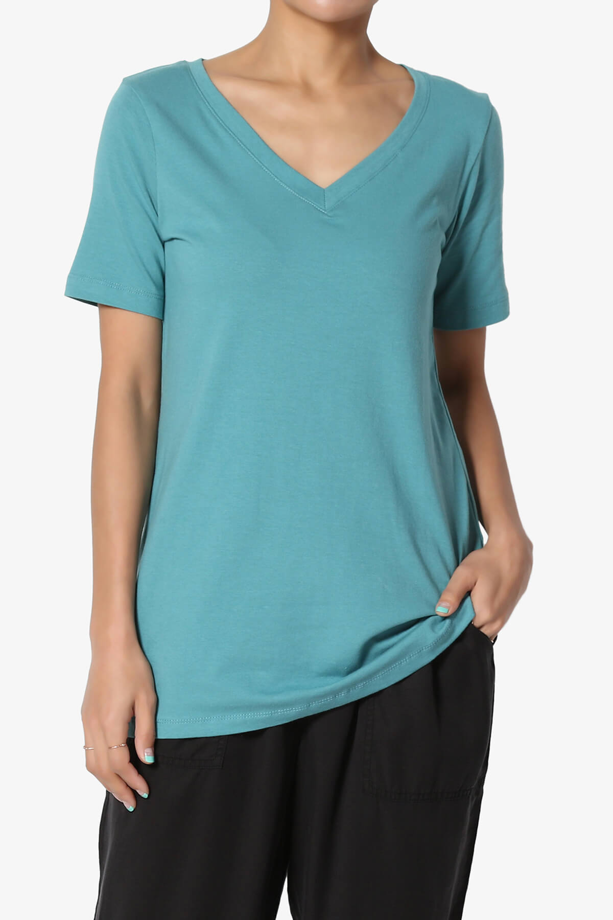 Elora V-Neck Short Sleeve T-Shirt DUSTY TEAL_1