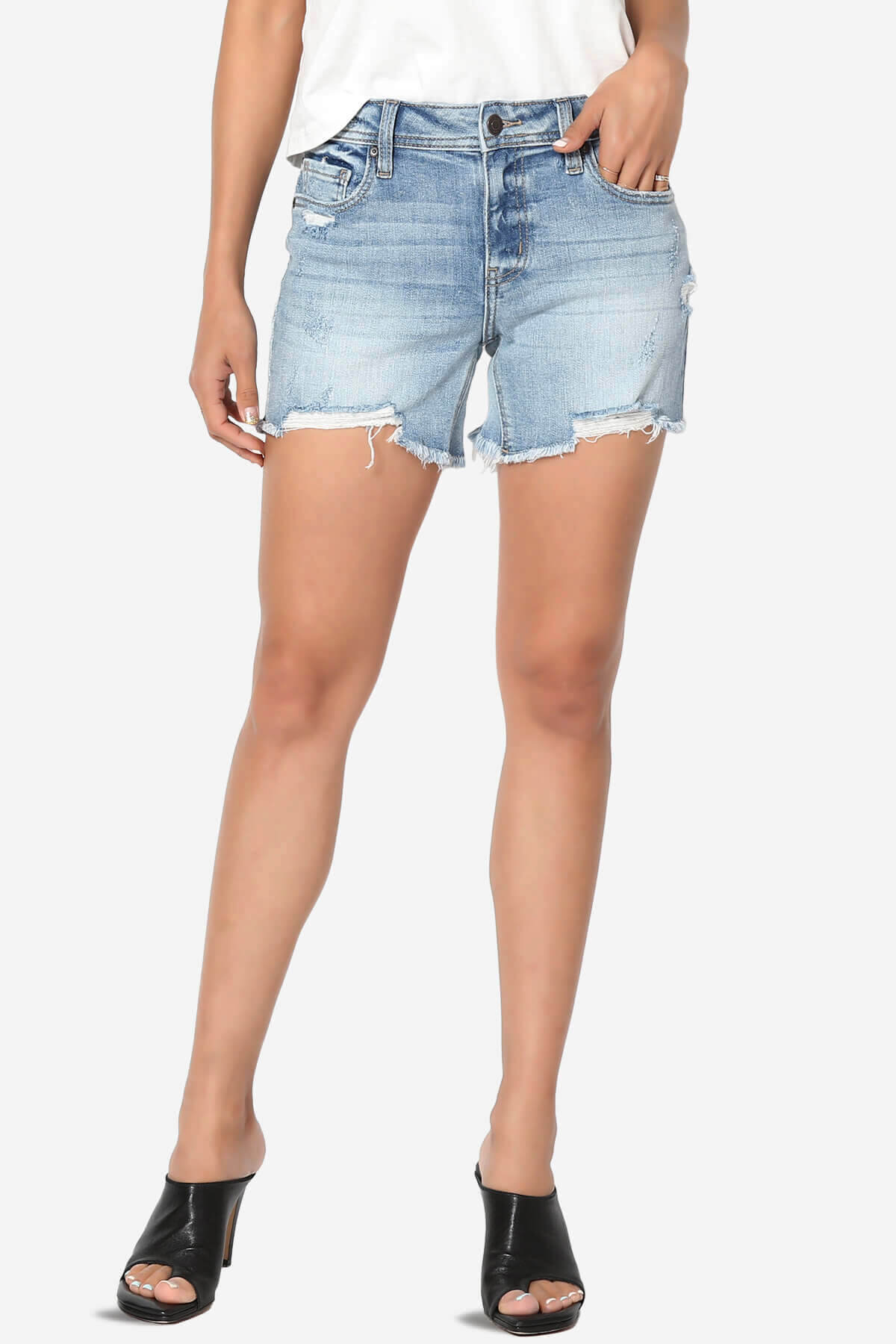 Riley Mid Rise Thigh Denim Shorts Medium MEDIUM_1