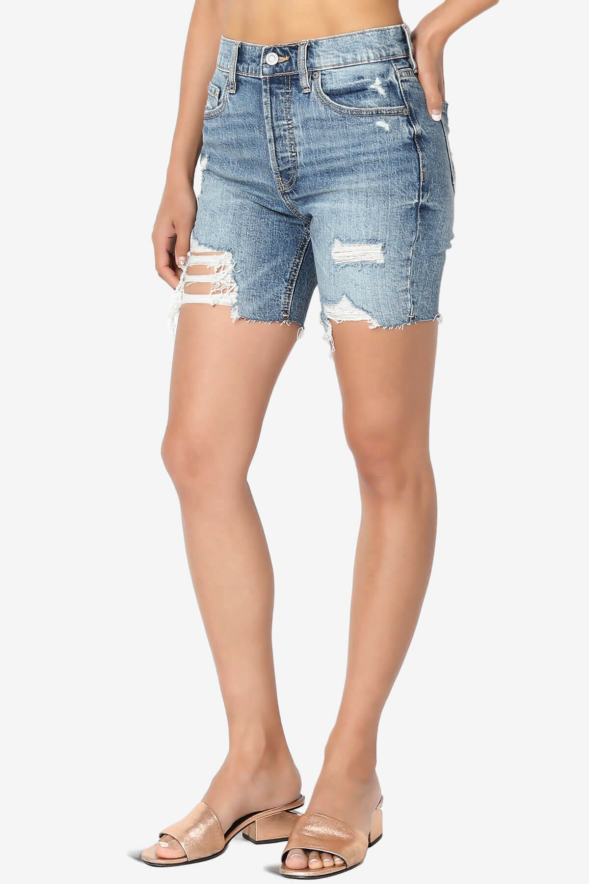 Kailey High Rise Mid Thigh Denim Shorts in MD
