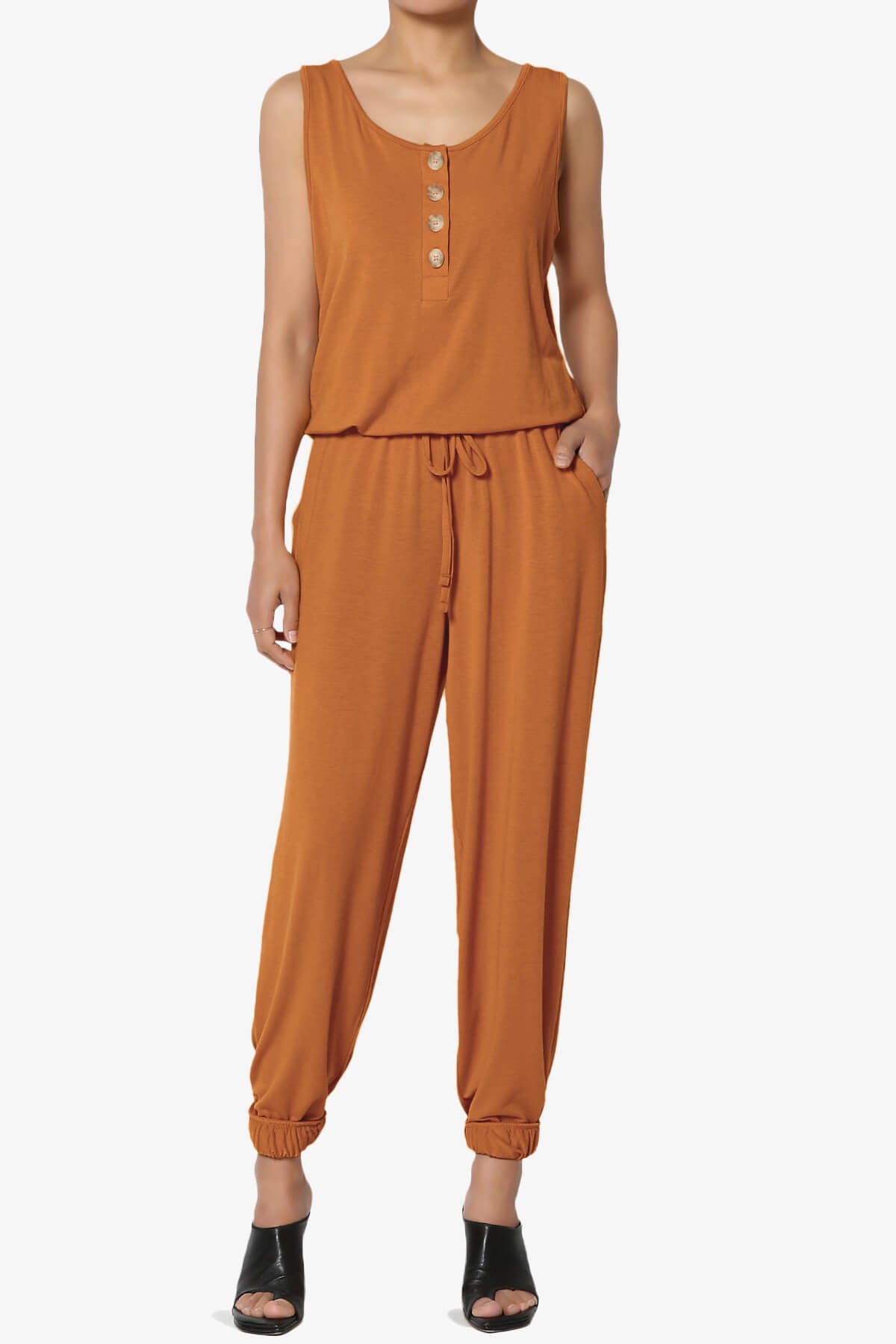 Entrada Button Scoop Neck Tank Jogger Jumpsuit ALMOND_1