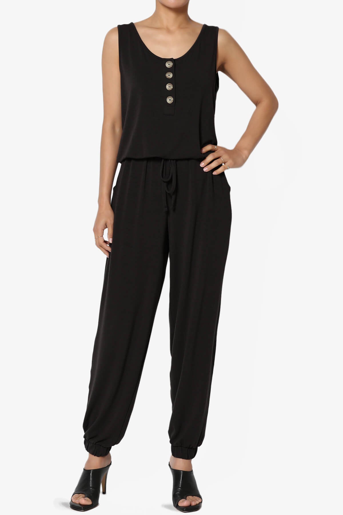 Entrada Button Scoop Neck Tank Jogger Jumpsuit BLACK_1